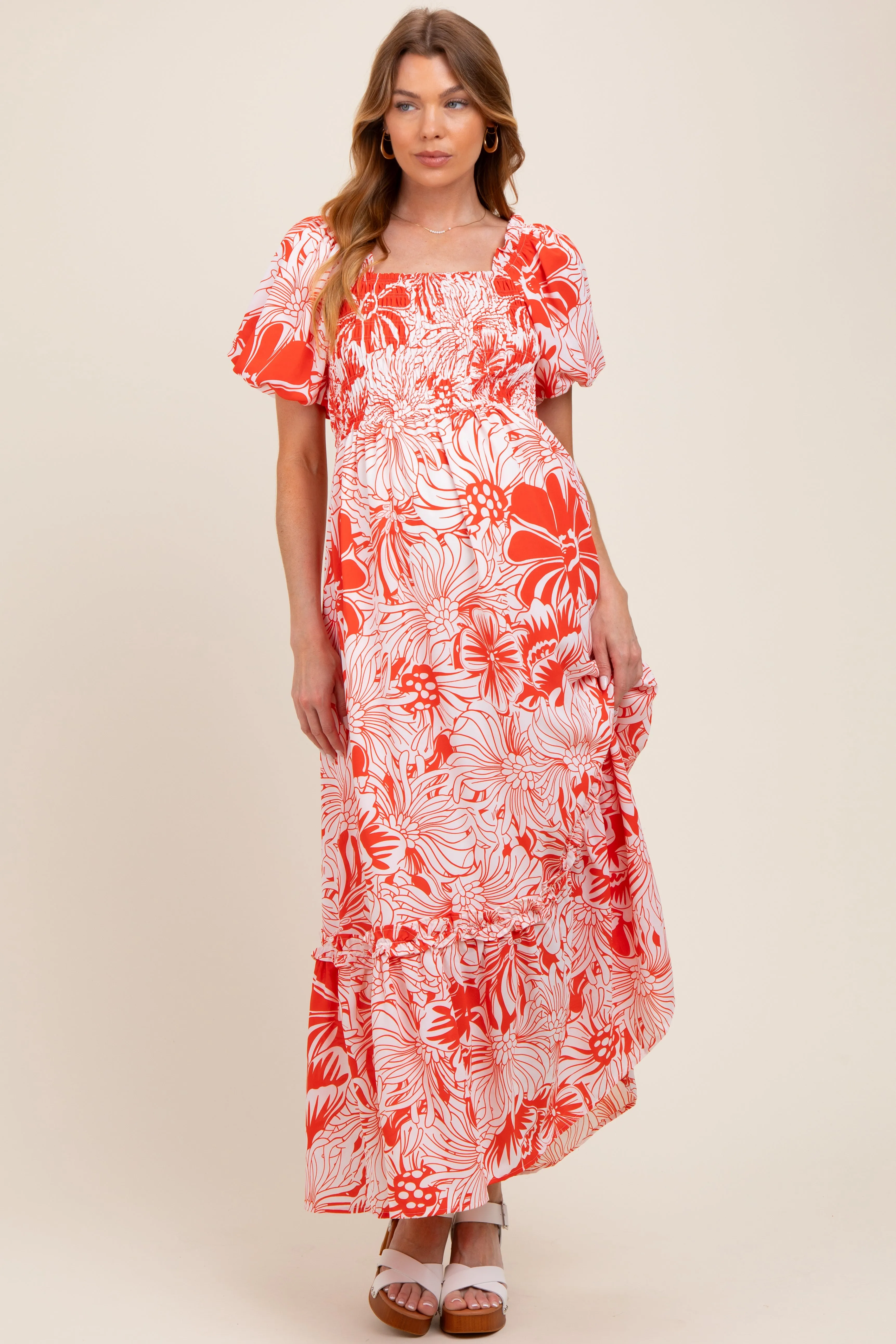 Coral Floral Print Smocked Bodice Maternity Maxi Dress sold by Pinkblush product image thumbnail 2