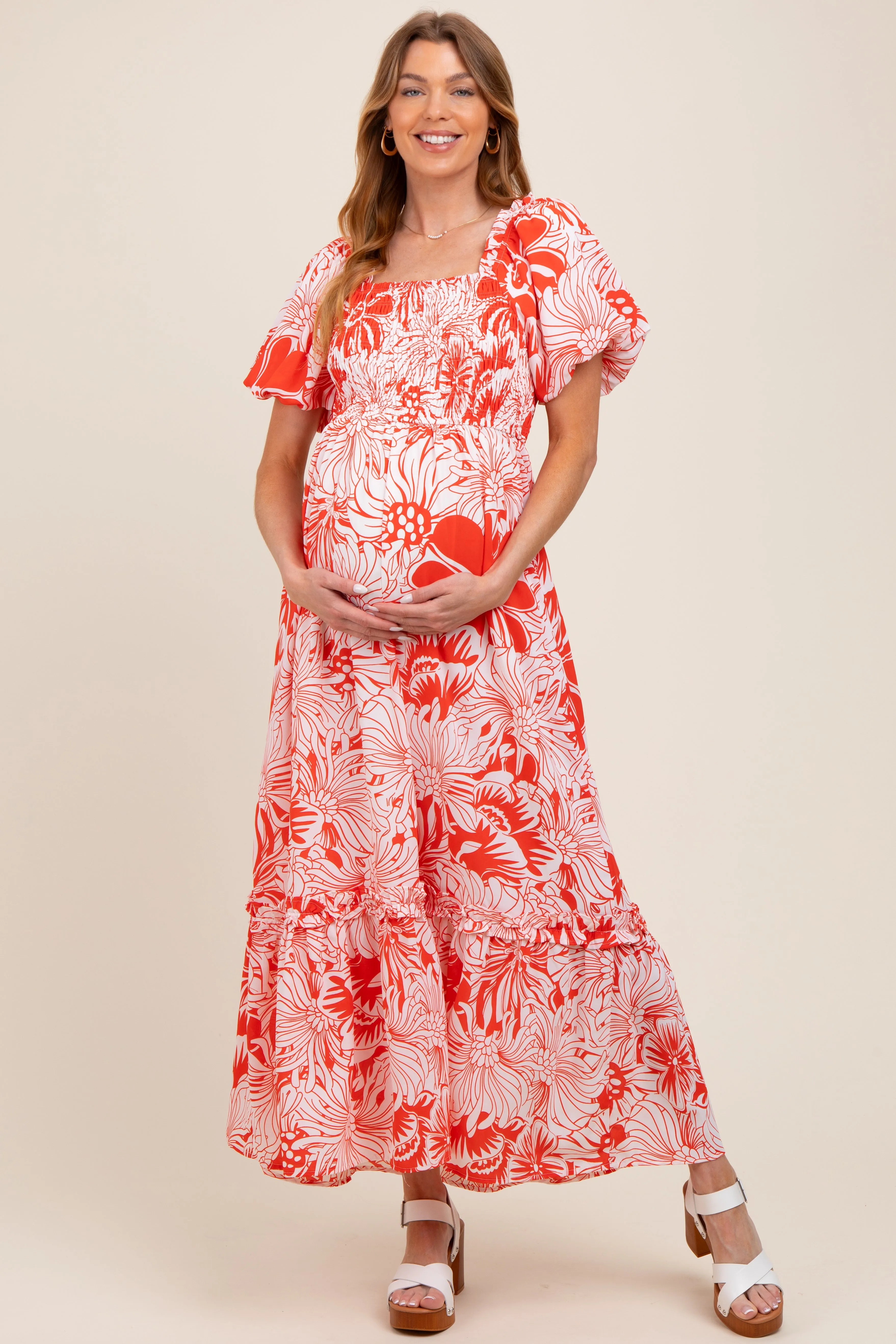 Coral Floral Print Smocked Bodice Maternity Maxi Dress sold by Pinkblush product image thumbnail 3