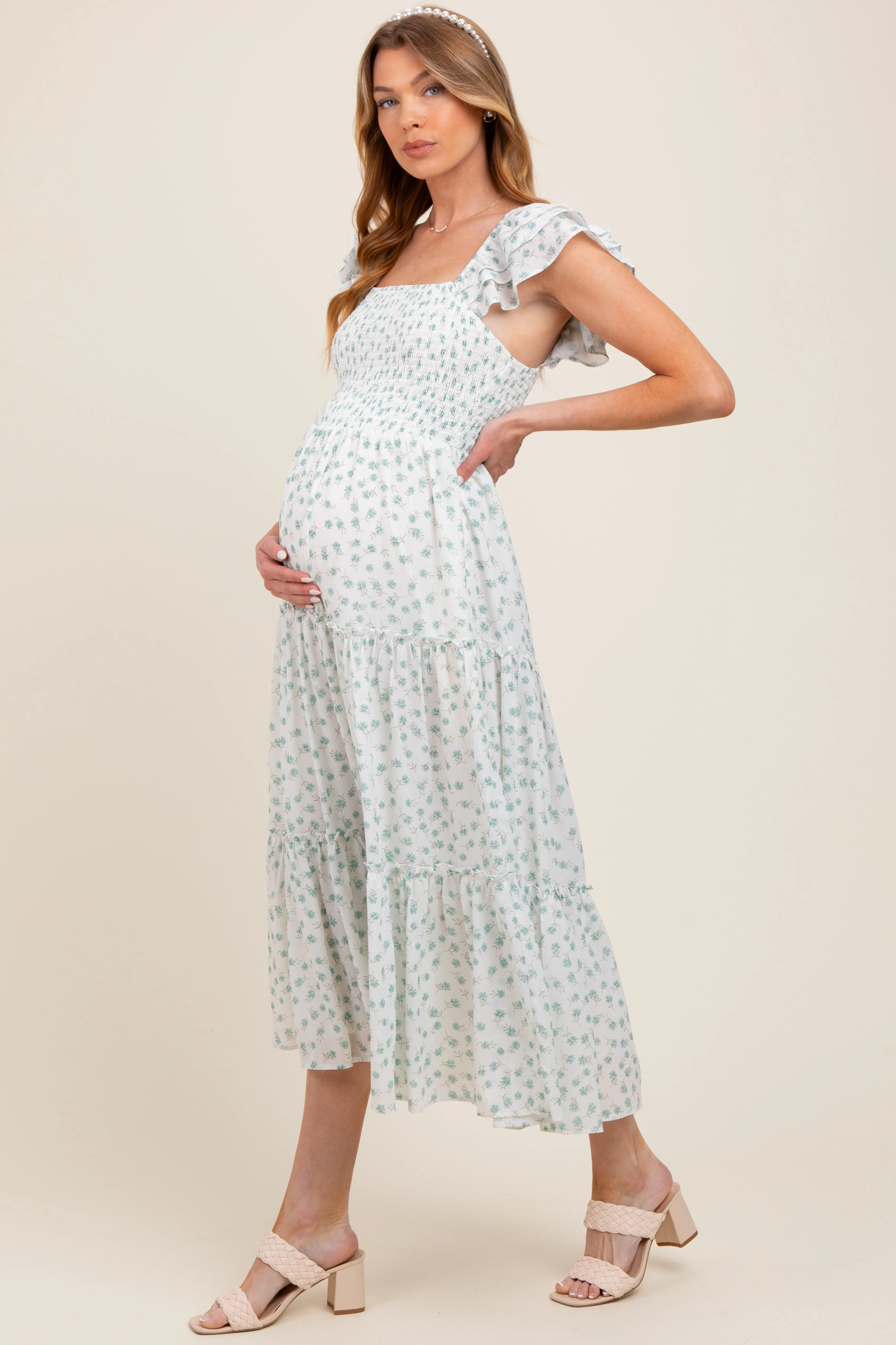 Jade Elegant Chiffon Floral Smocked Maternity Midi Dress sold by Pinkblush product image thumbnail 3