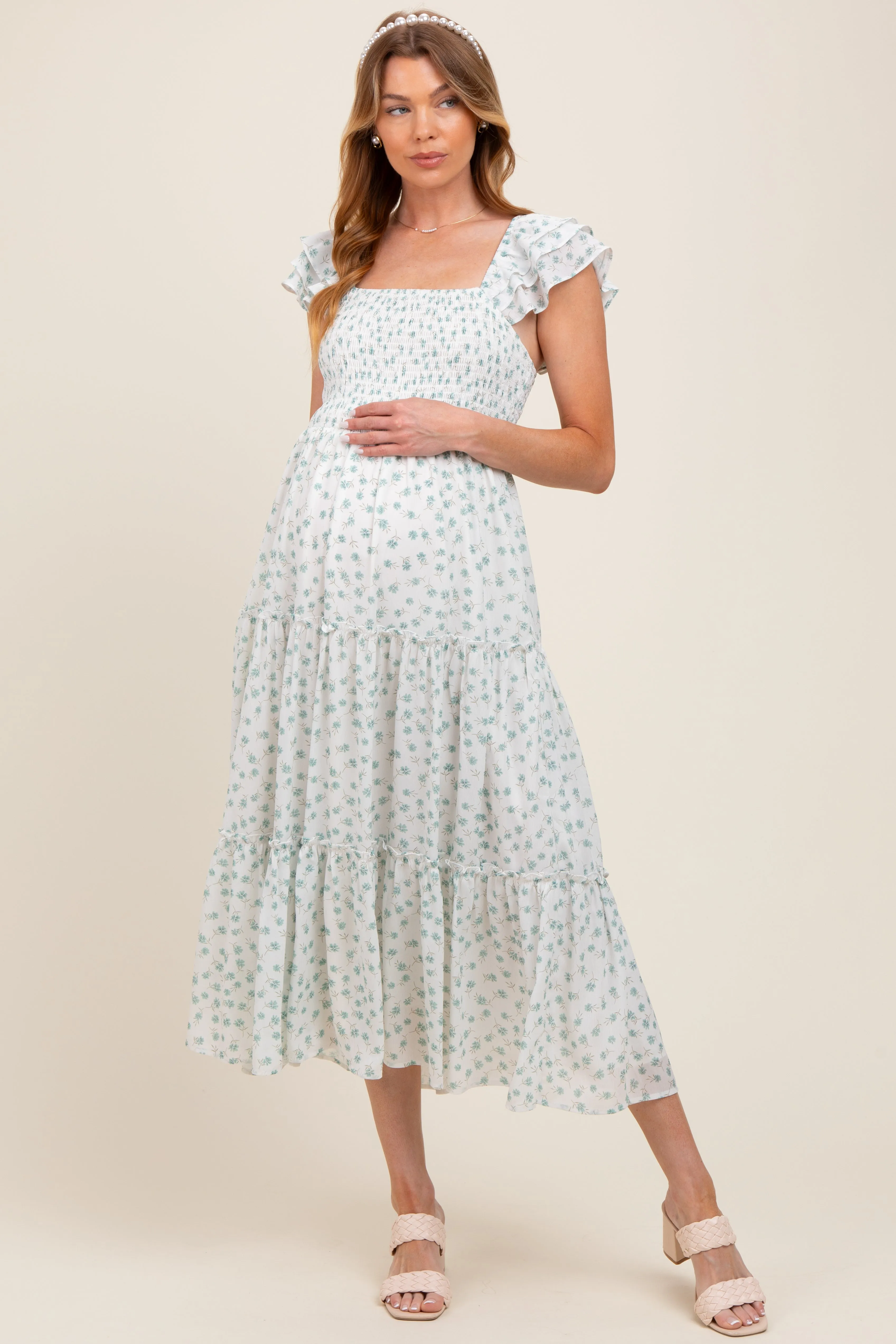 Jade Elegant Chiffon Floral Smocked Maternity Midi Dress sold by Pinkblush
