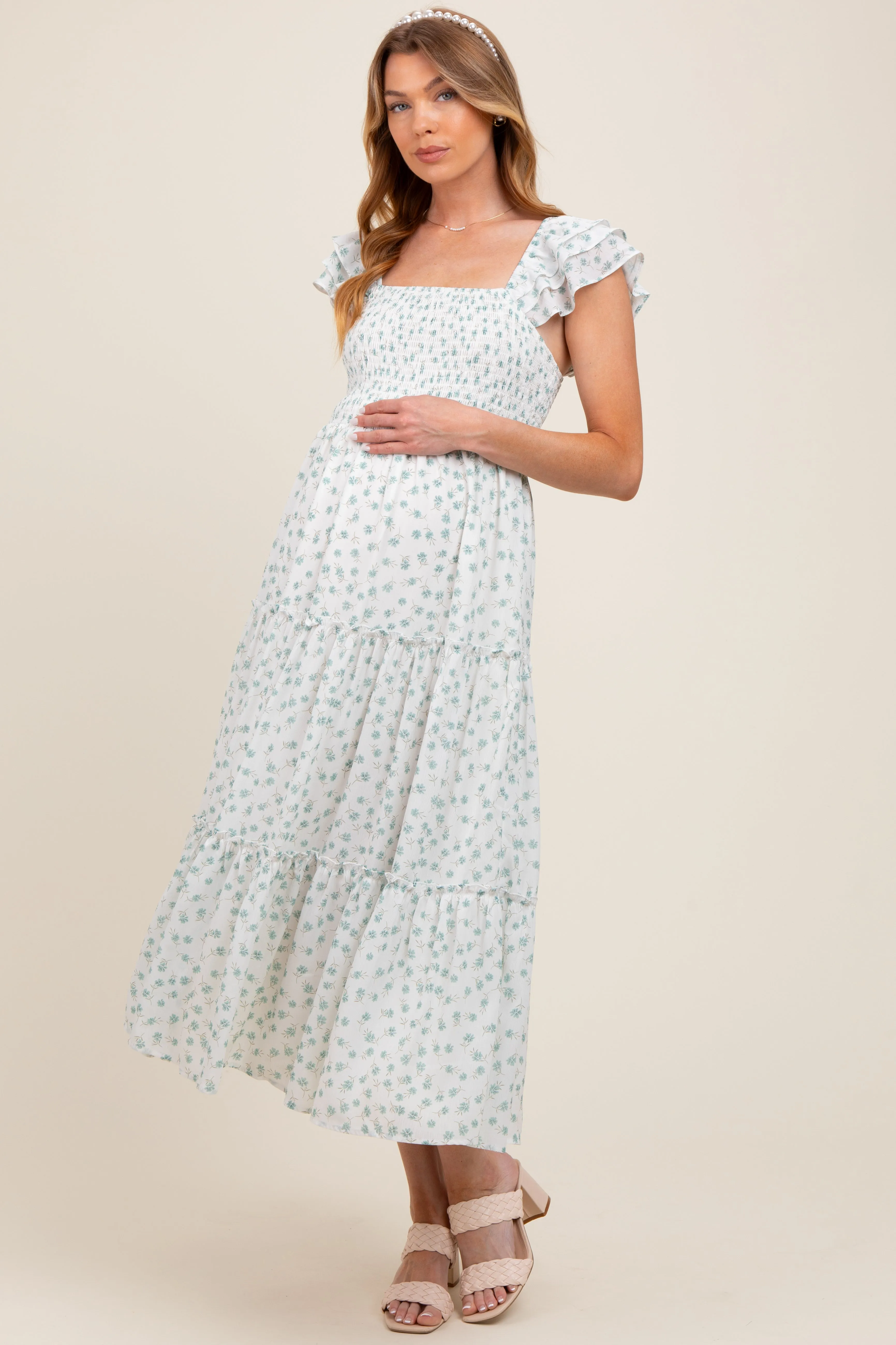 Jade Elegant Chiffon Floral Smocked Maternity Midi Dress sold by Pinkblush product image thumbnail 2