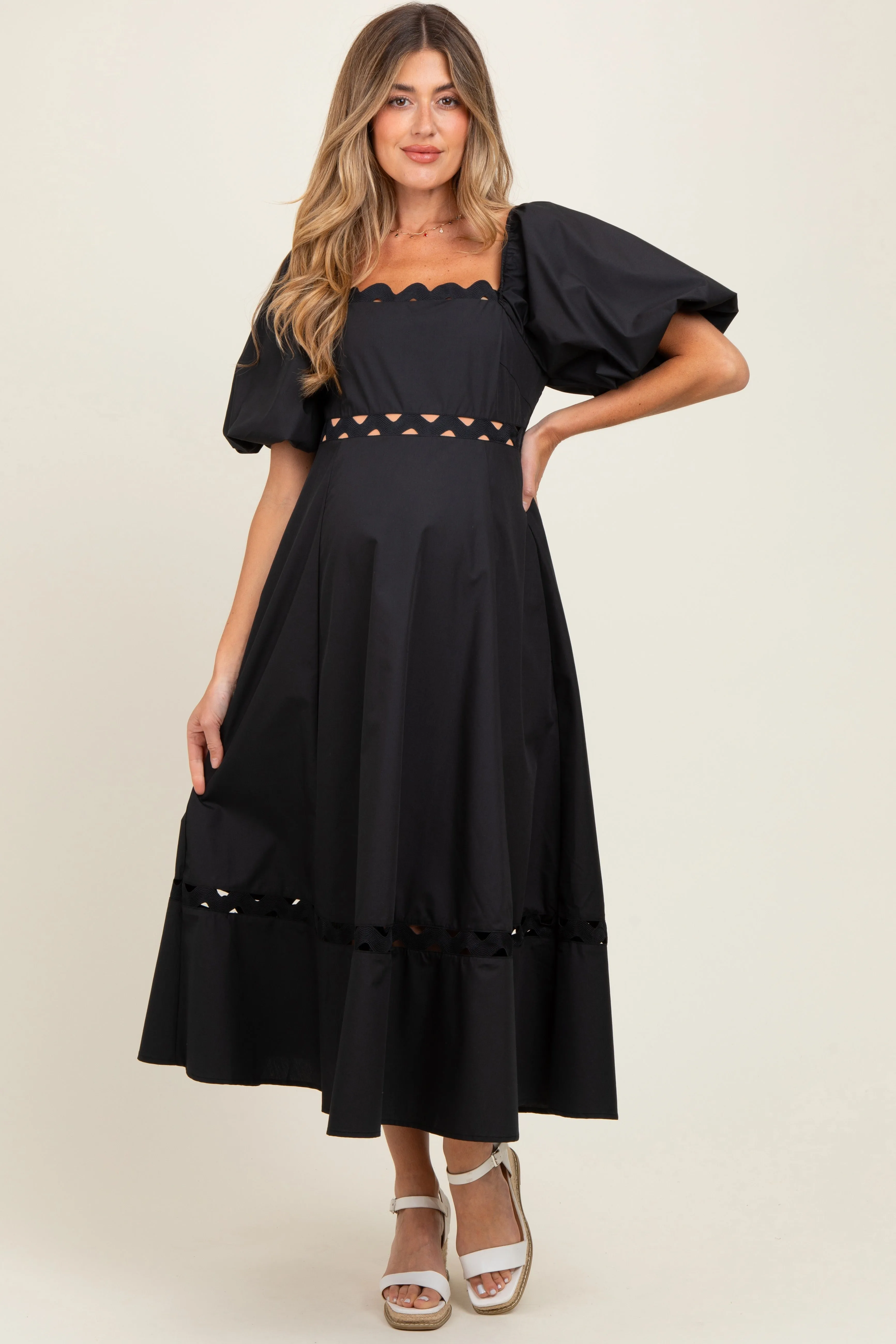 Black Wavy Trim Puff Sleeve Maternity Midi Dress sold by Pinkblush product image thumbnail 2