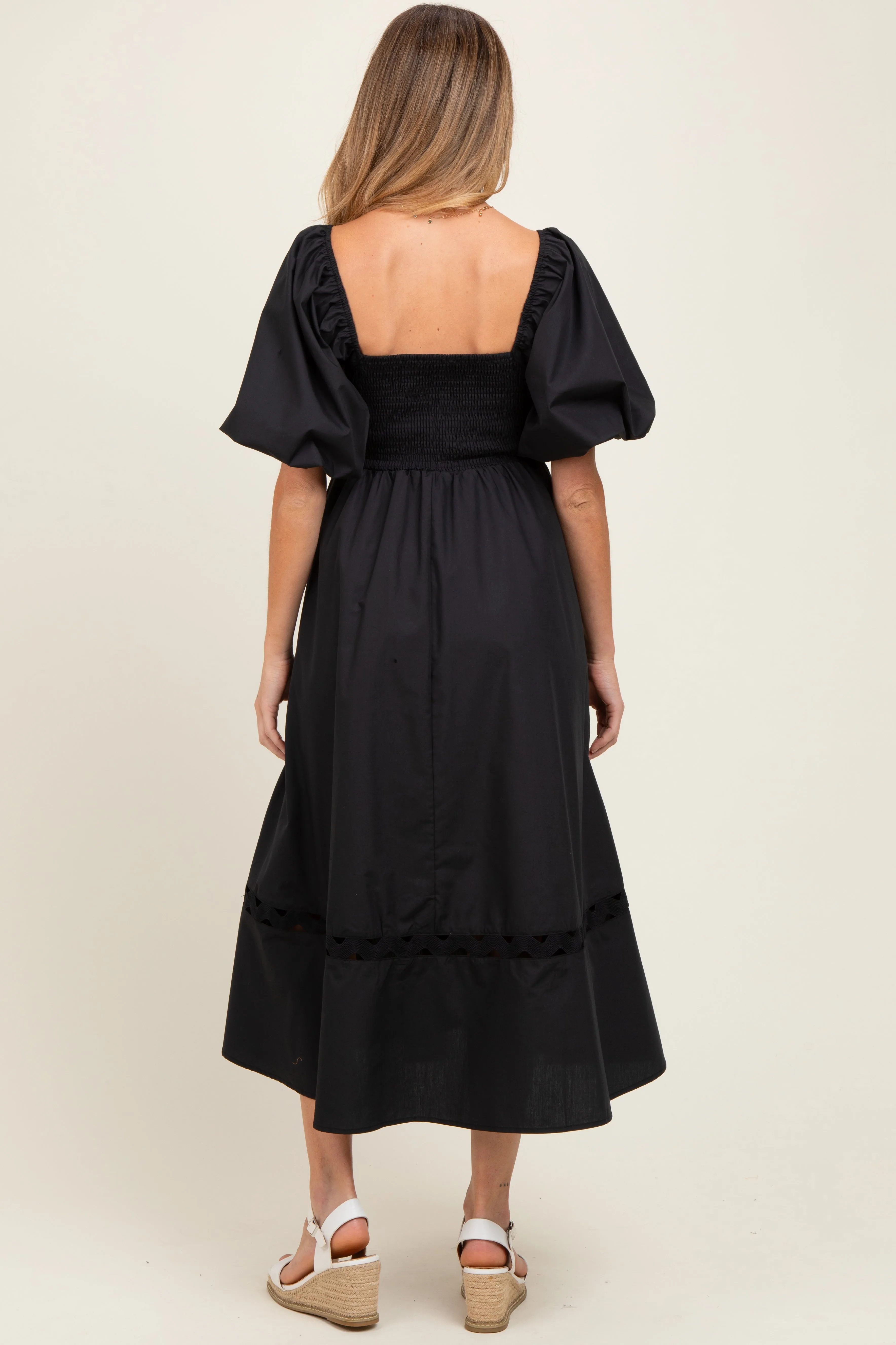 Black Wavy Trim Puff Sleeve Maternity Midi Dress sold by Pinkblush product image thumbnail 3