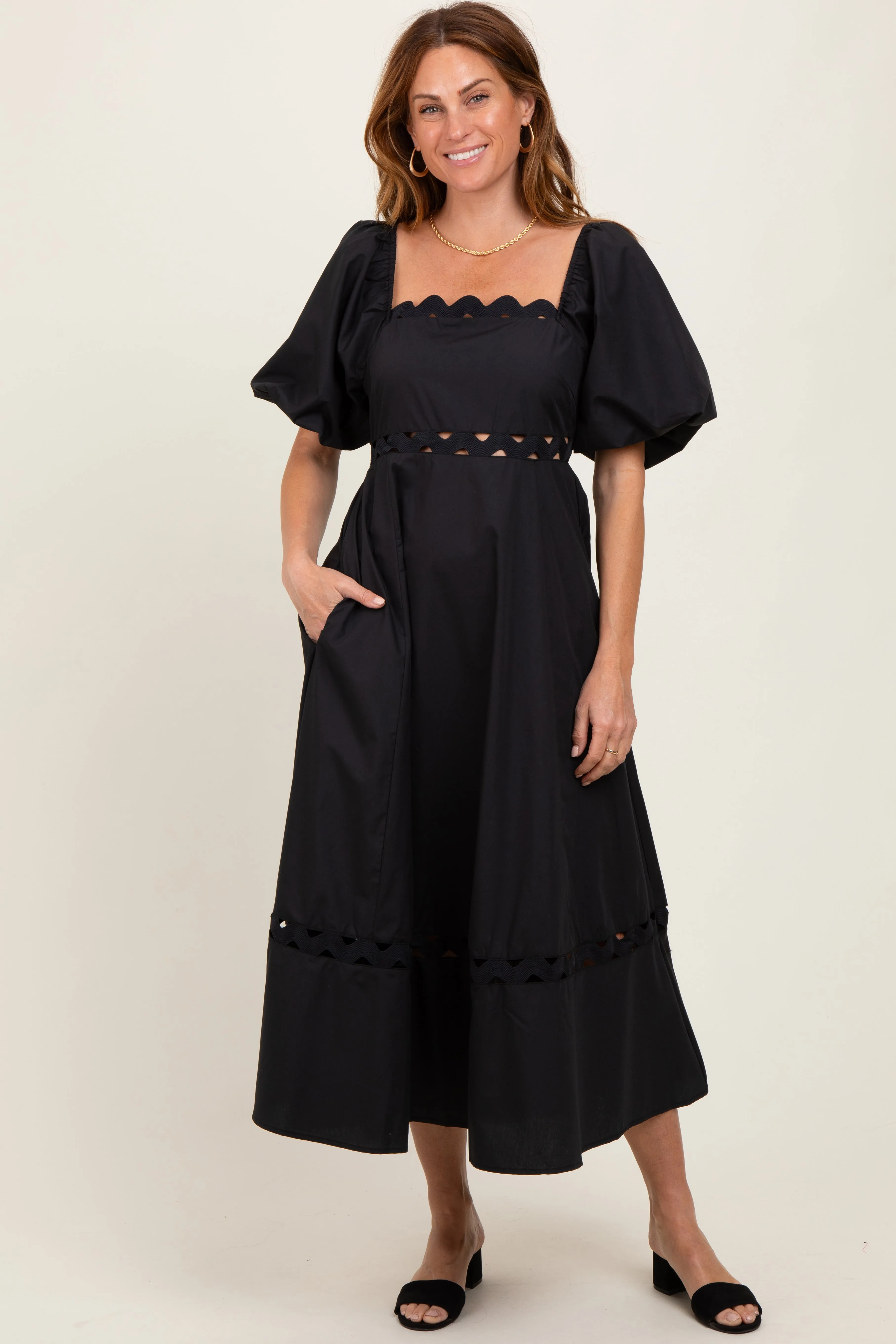 Black Wavy Trim Puff Sleeve Maternity Midi Dress sold by Pinkblush product image thumbnail 4