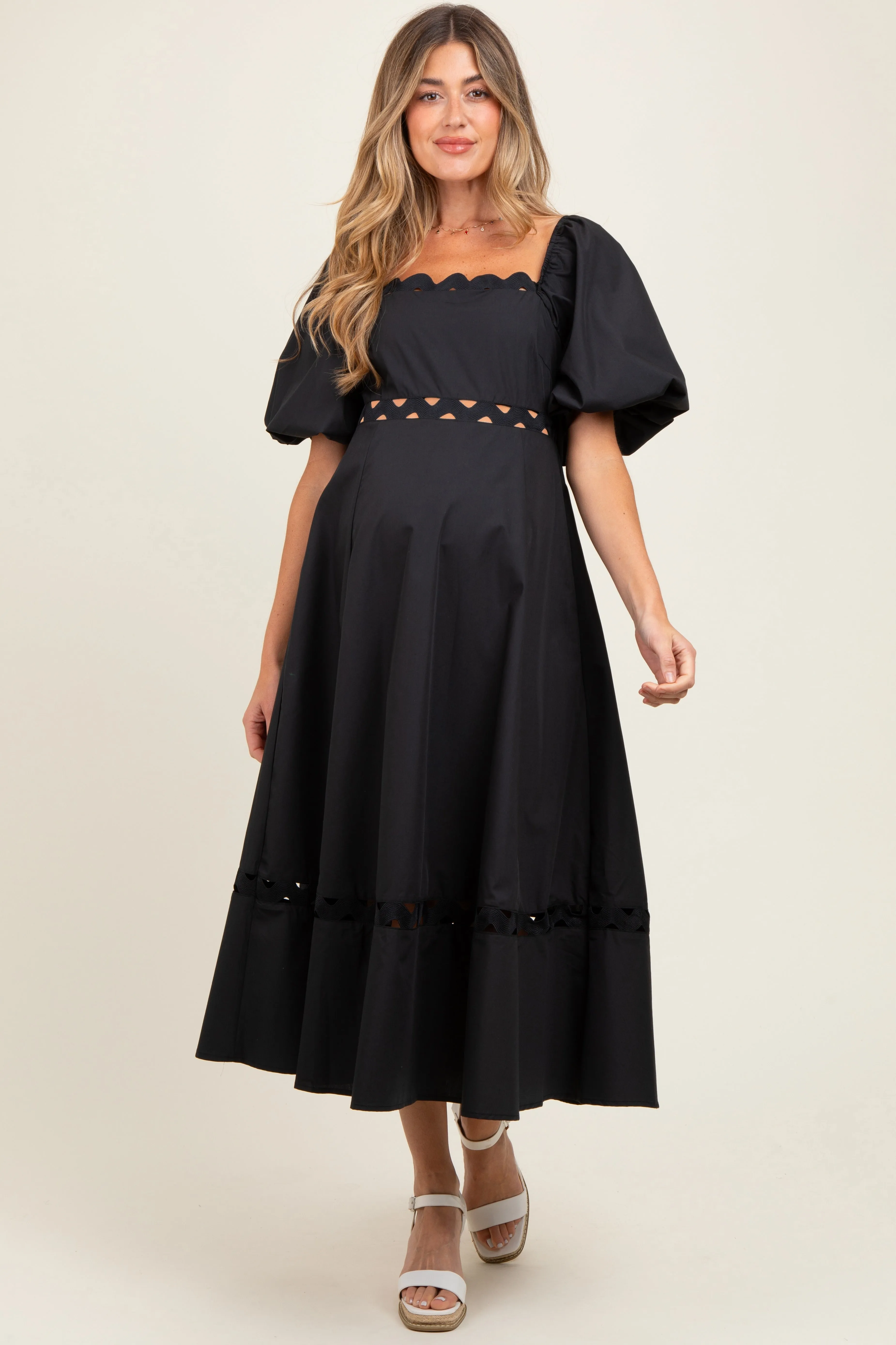 Black Wavy Trim Puff Sleeve Maternity Midi Dress sold by Pinkblush