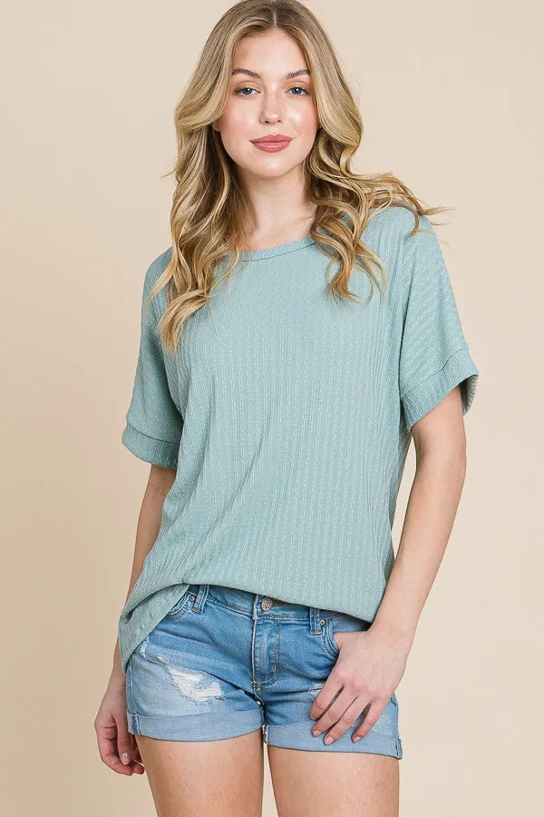 Light Olive Ribbed Knit Short Sleeve Top sold by Pinkblush