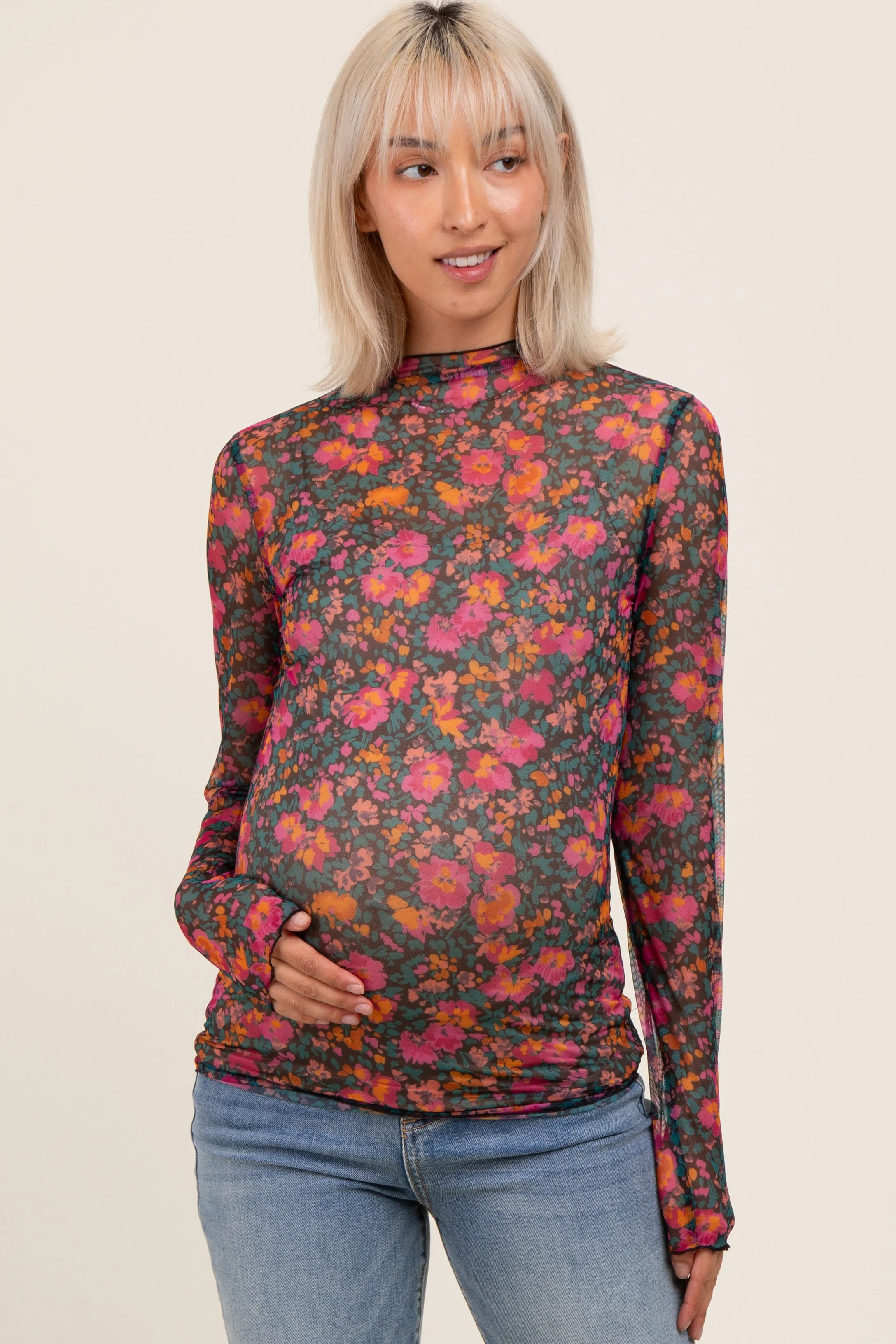 Black Floral Mesh Long Sleeve Turtle Neck Maternity Top sold by Pinkblush