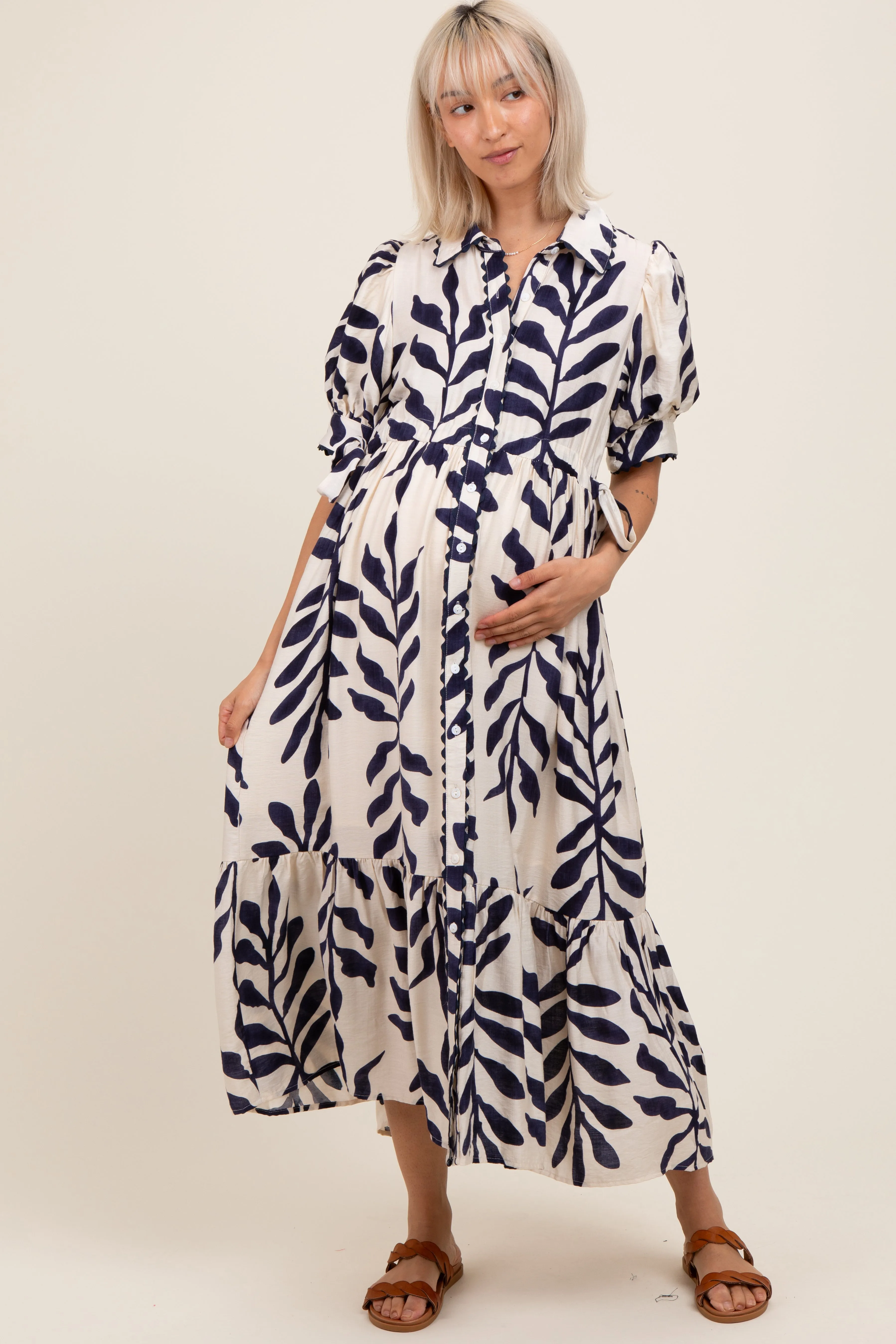 Navy Blue Leaf Print Scallop Trim Maternity Midi Shirt Dress sold by Pinkblush