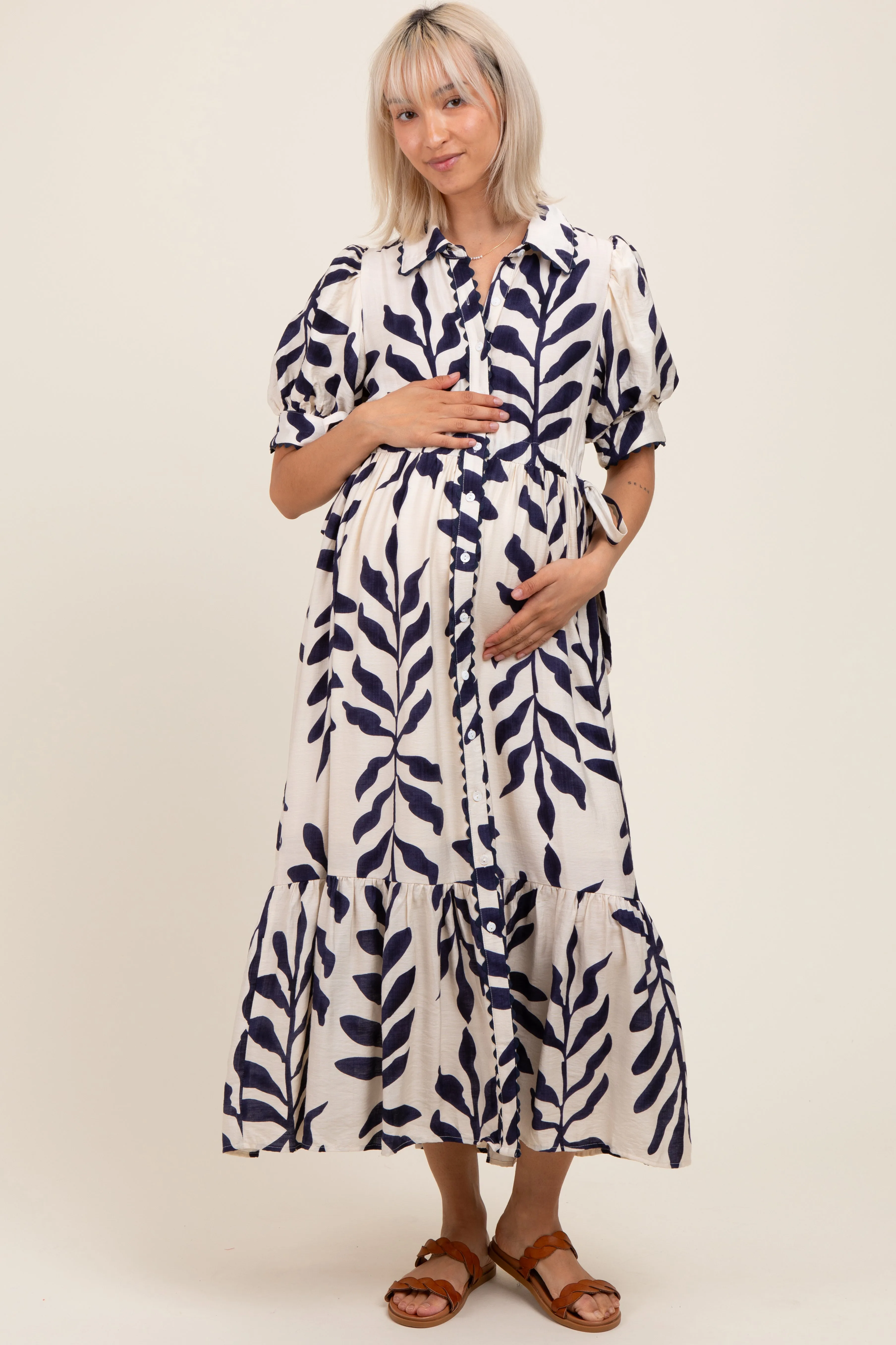 Navy Blue Leaf Print Scallop Trim Maternity Midi Shirt Dress sold by Pinkblush product image thumbnail 2