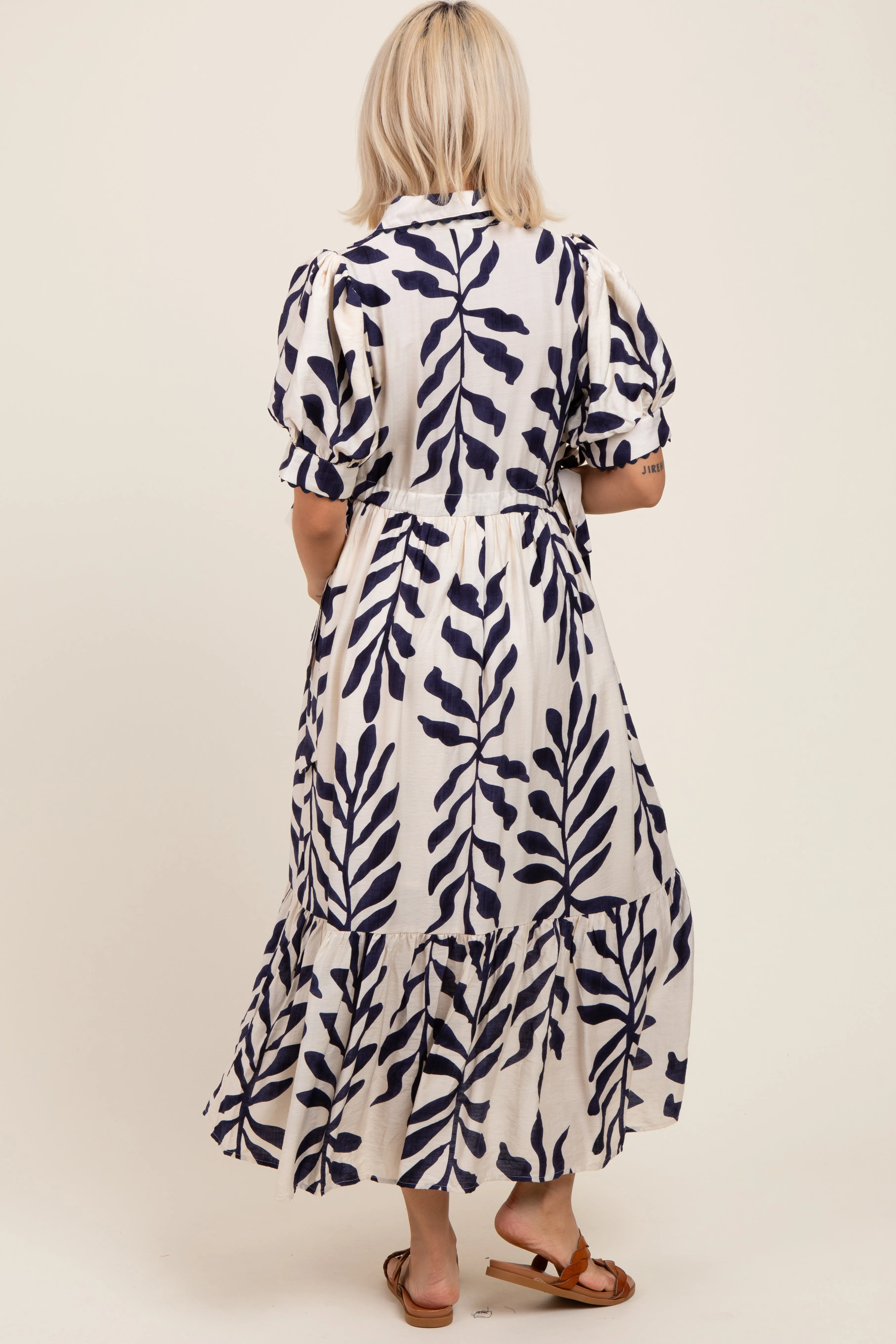 Navy Blue Leaf Print Scallop Trim Maternity Midi Shirt Dress sold by Pinkblush product image thumbnail 3