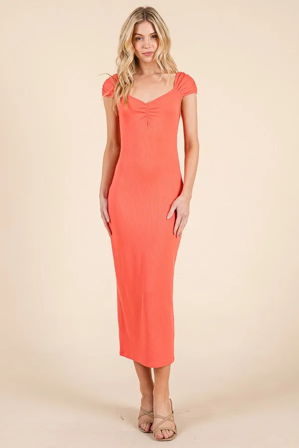 Coral Ribbed Cinched Sleeve Maternity Midi Dress sold by Pinkblush product image thumbnail 4