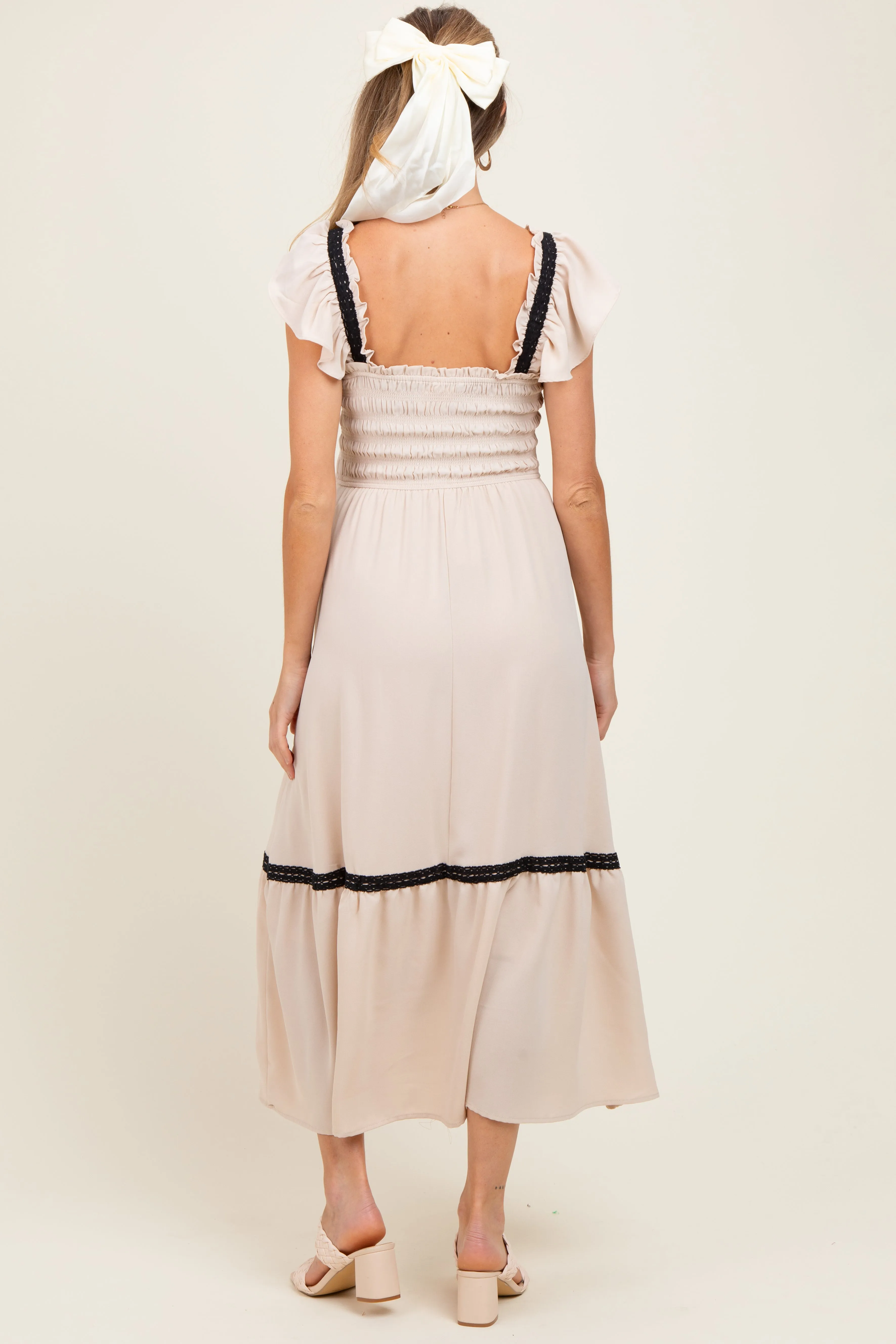 Beige Smocked Lace Detail Maternity Midi Dress sold by Pinkblush product image thumbnail 2