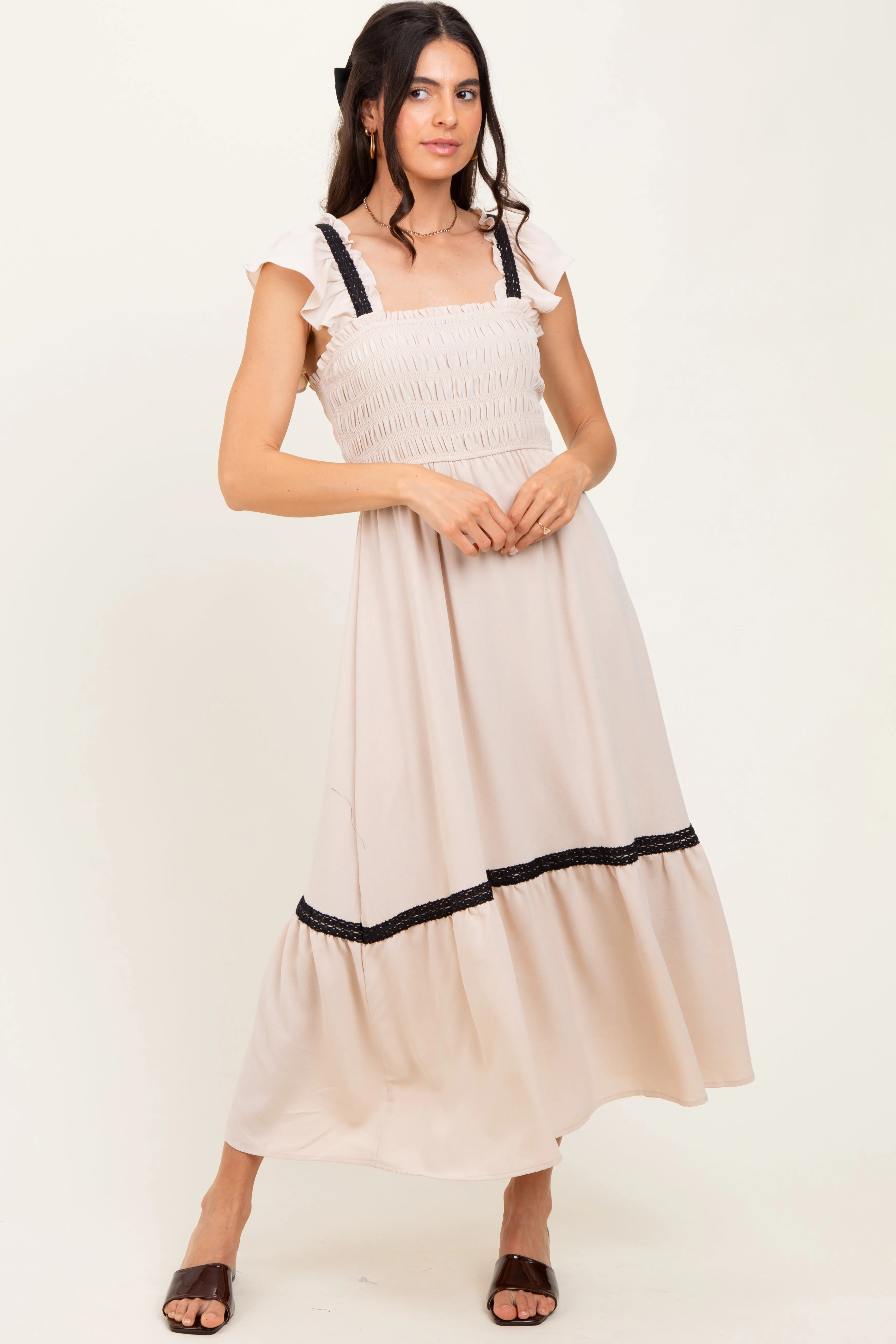 Beige Smocked Lace Detail Maternity Midi Dress sold by Pinkblush product image thumbnail 3