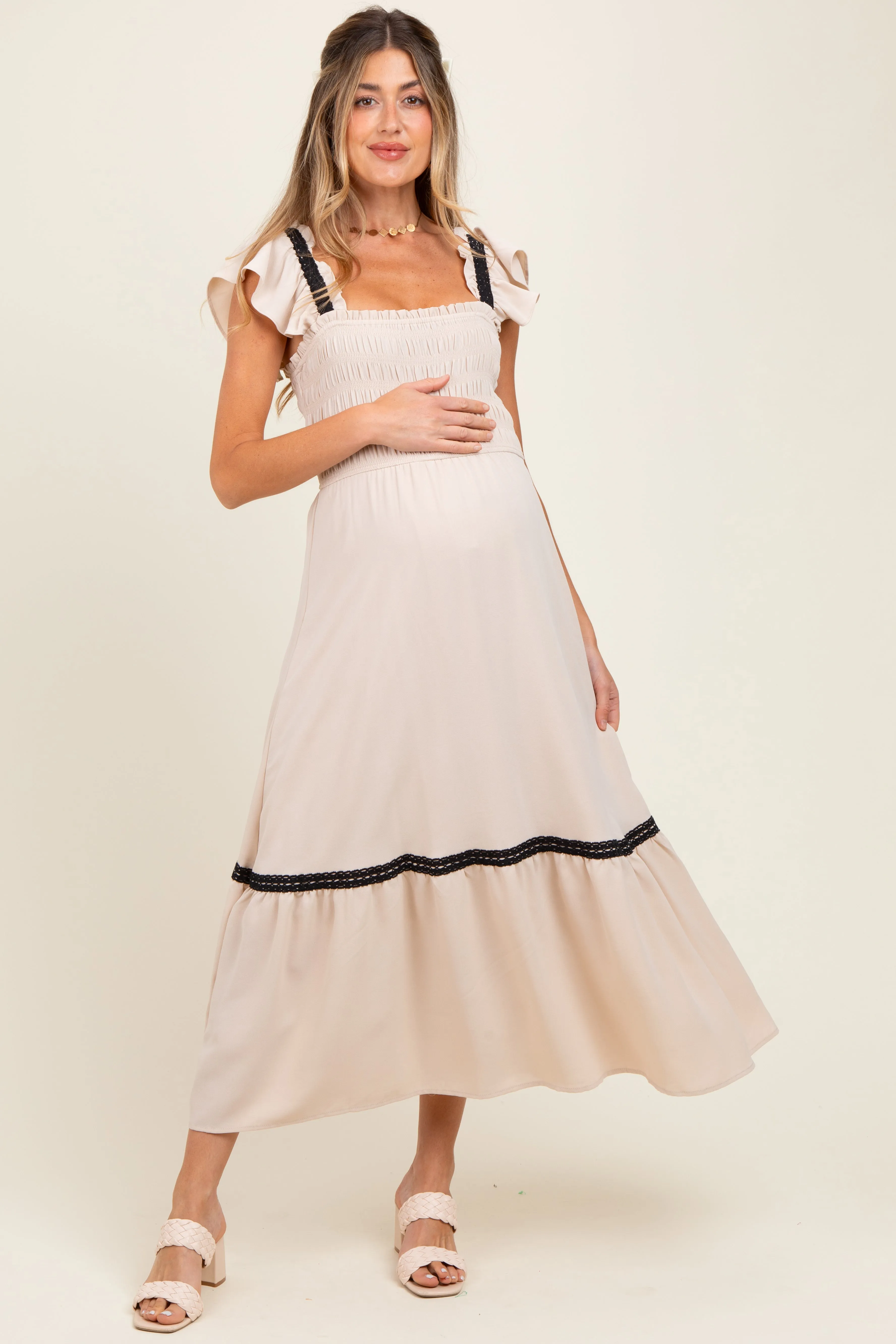Beige Smocked Lace Detail Maternity Midi Dress sold by Pinkblush