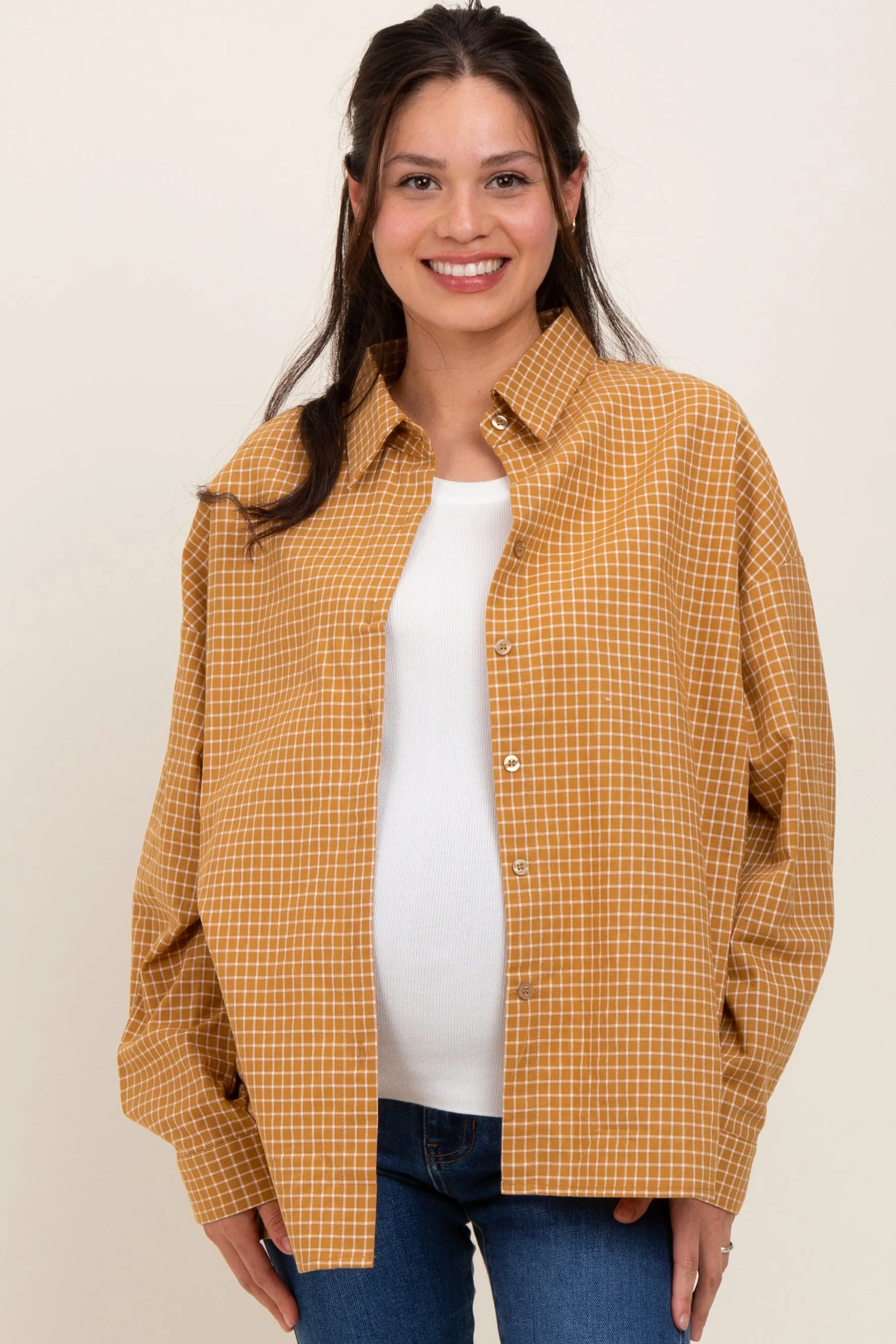 Yellow Checker Plaid Button Down Maternity Shirt sold by Pinkblush