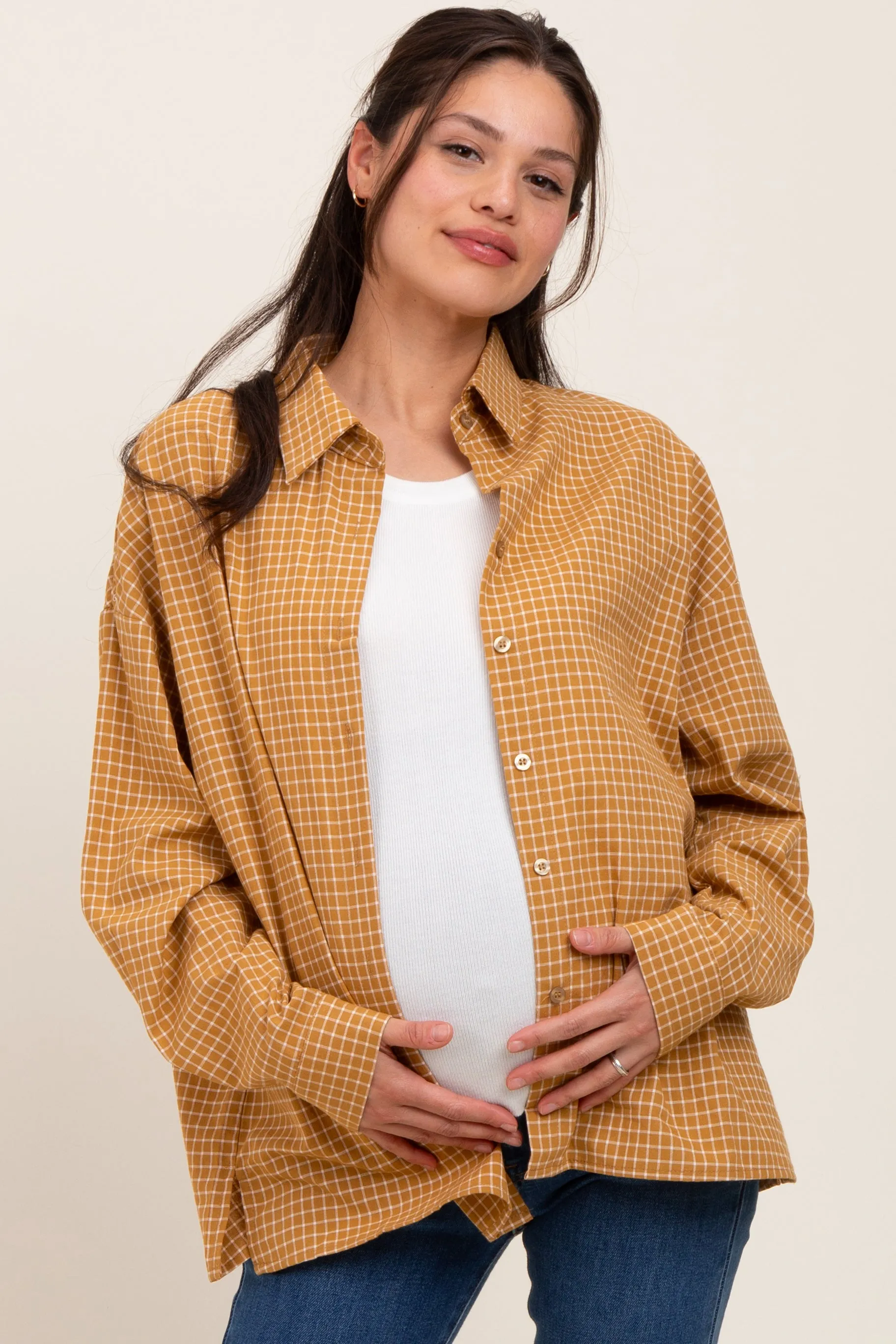 Yellow Checker Plaid Button Down Maternity Shirt sold by Pinkblush product image thumbnail 2