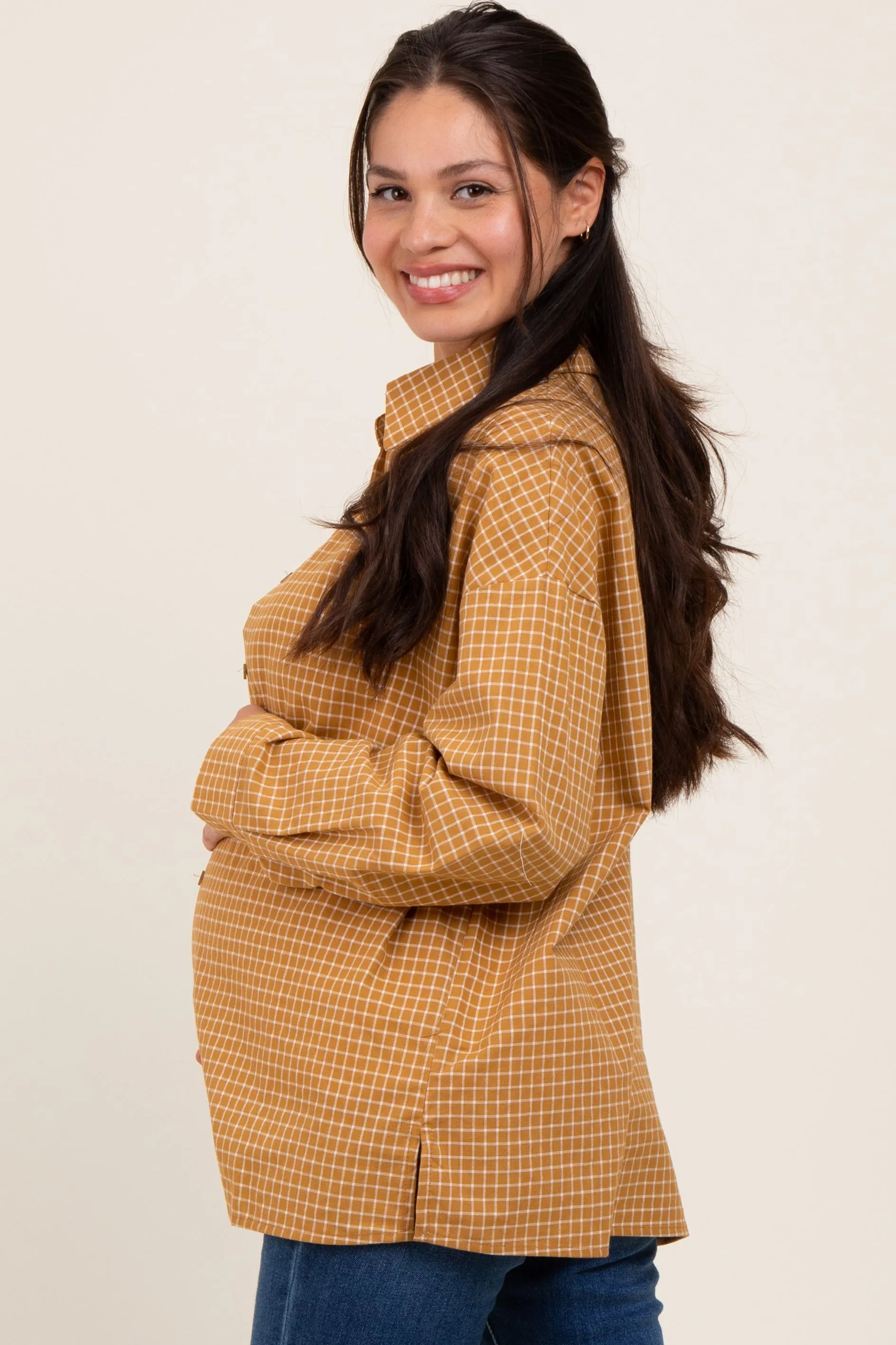 Yellow Checker Plaid Button Down Maternity Shirt sold by Pinkblush product image thumbnail 3
