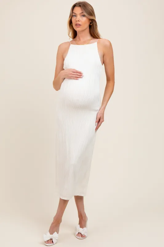 Ivory Textured Sleeveless Fitted Maternity Midi Dress sold by Pinkblush