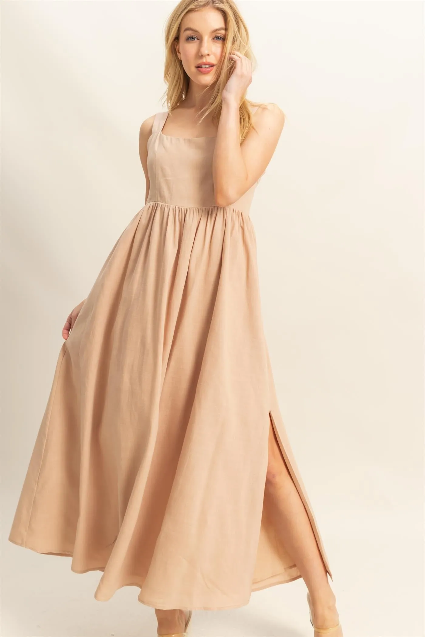 Beige Square Neck Fit And Flare Midi Dress sold by Pinkblush product image thumbnail 4
