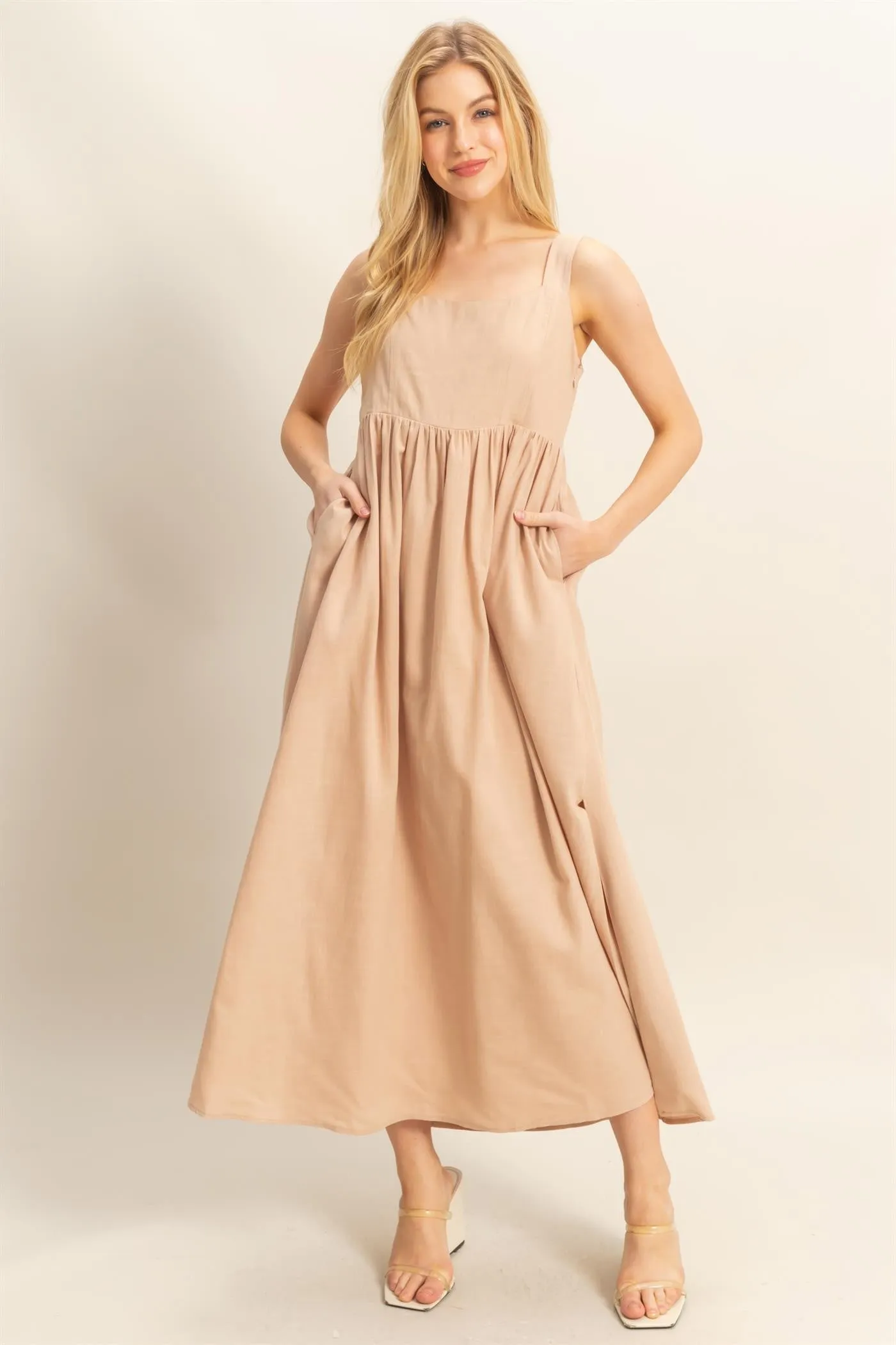Beige Square Neck Fit And Flare Midi Dress sold by Pinkblush