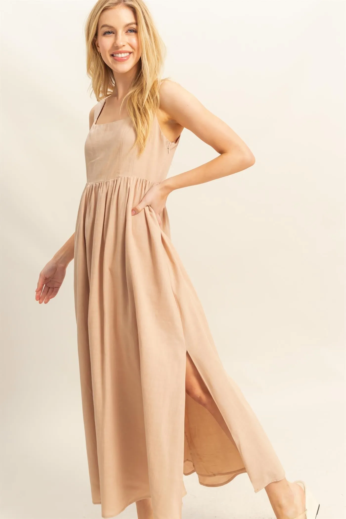 Beige Square Neck Fit And Flare Midi Dress sold by Pinkblush product image thumbnail 2