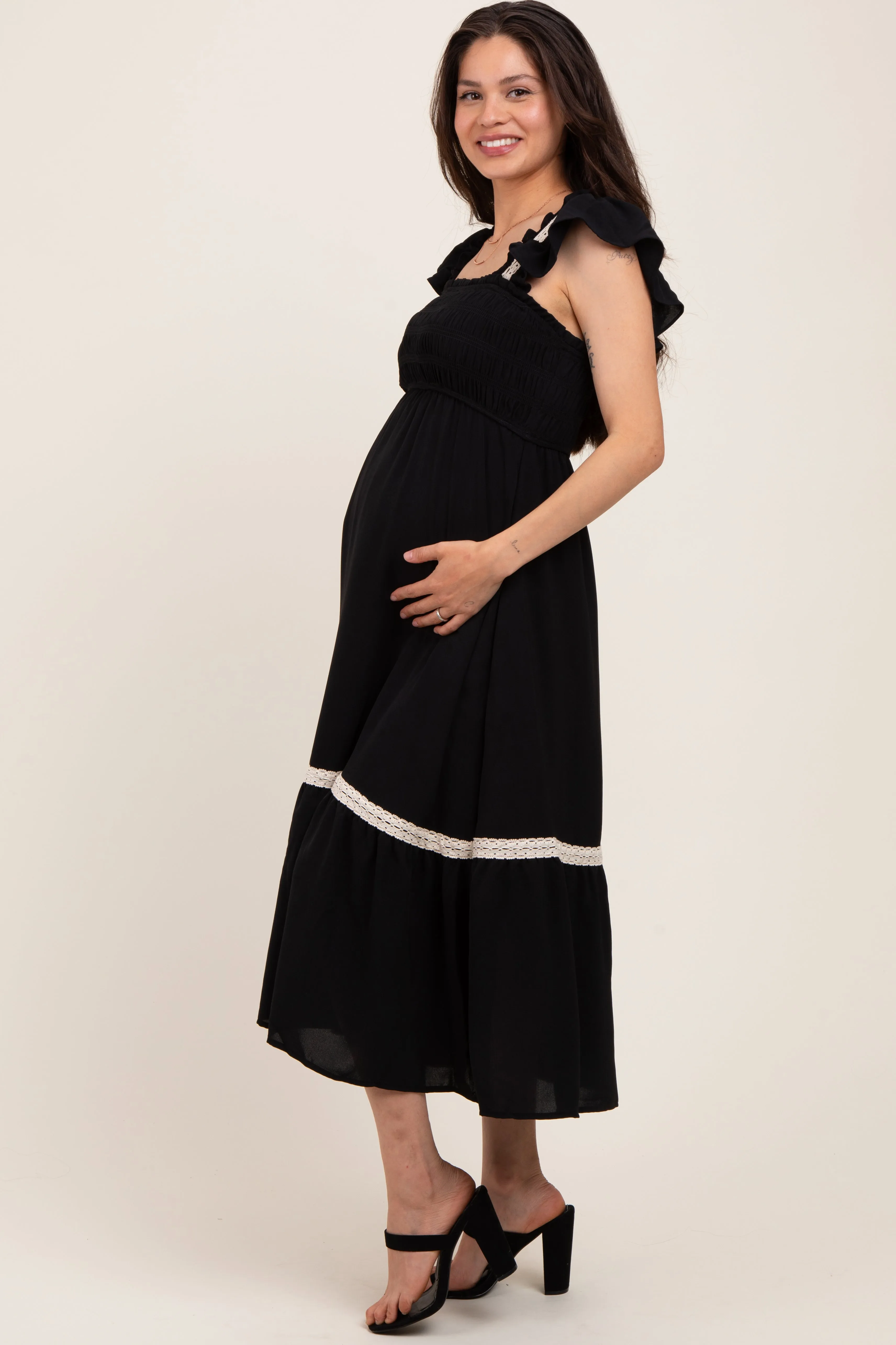 Black Smocked Lace Detail Maternity Midi Dress sold by Pinkblush product image thumbnail 2