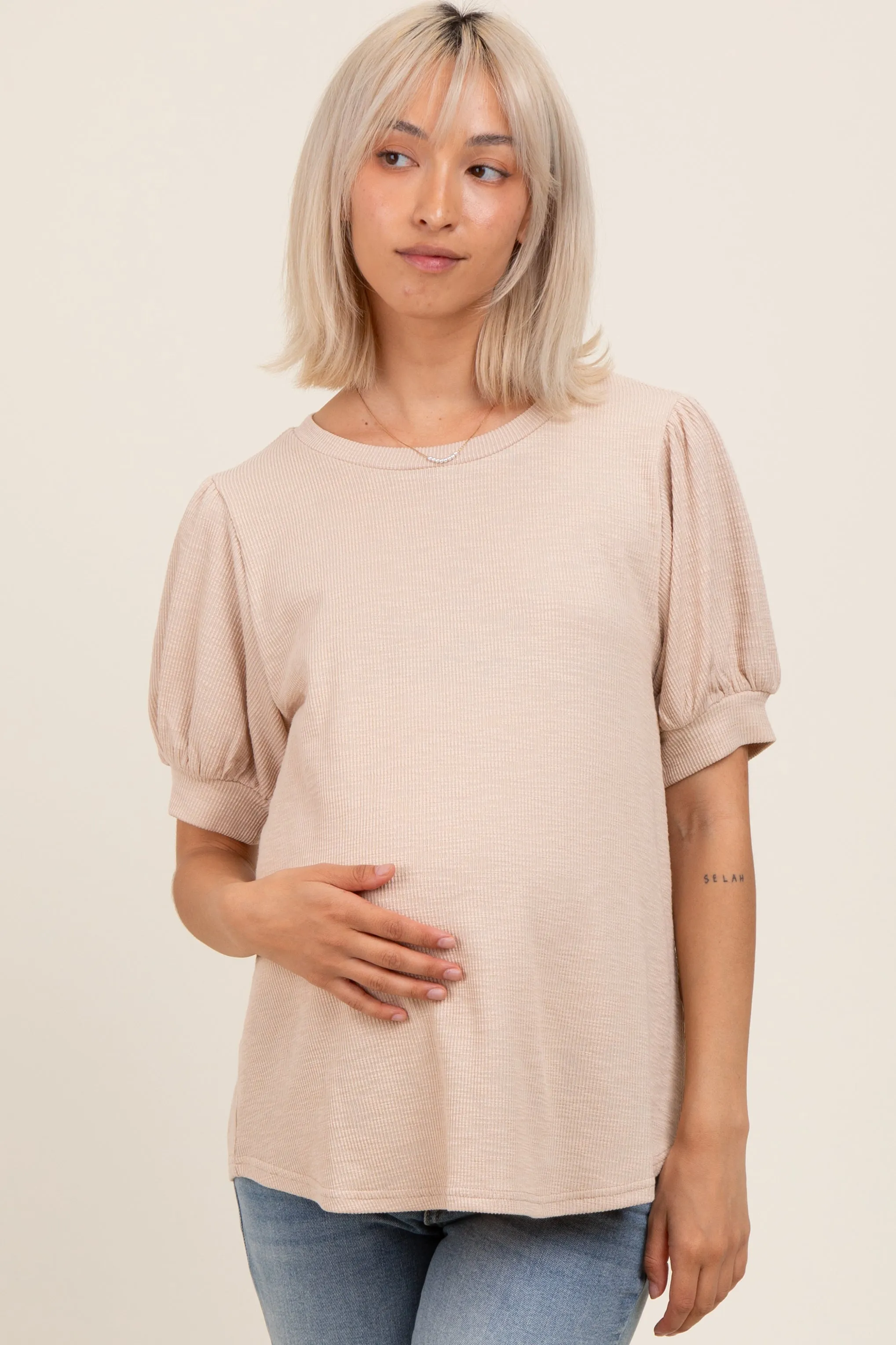 Beige Ribbed Puffed Sleeve Maternity Top sold by Pinkblush