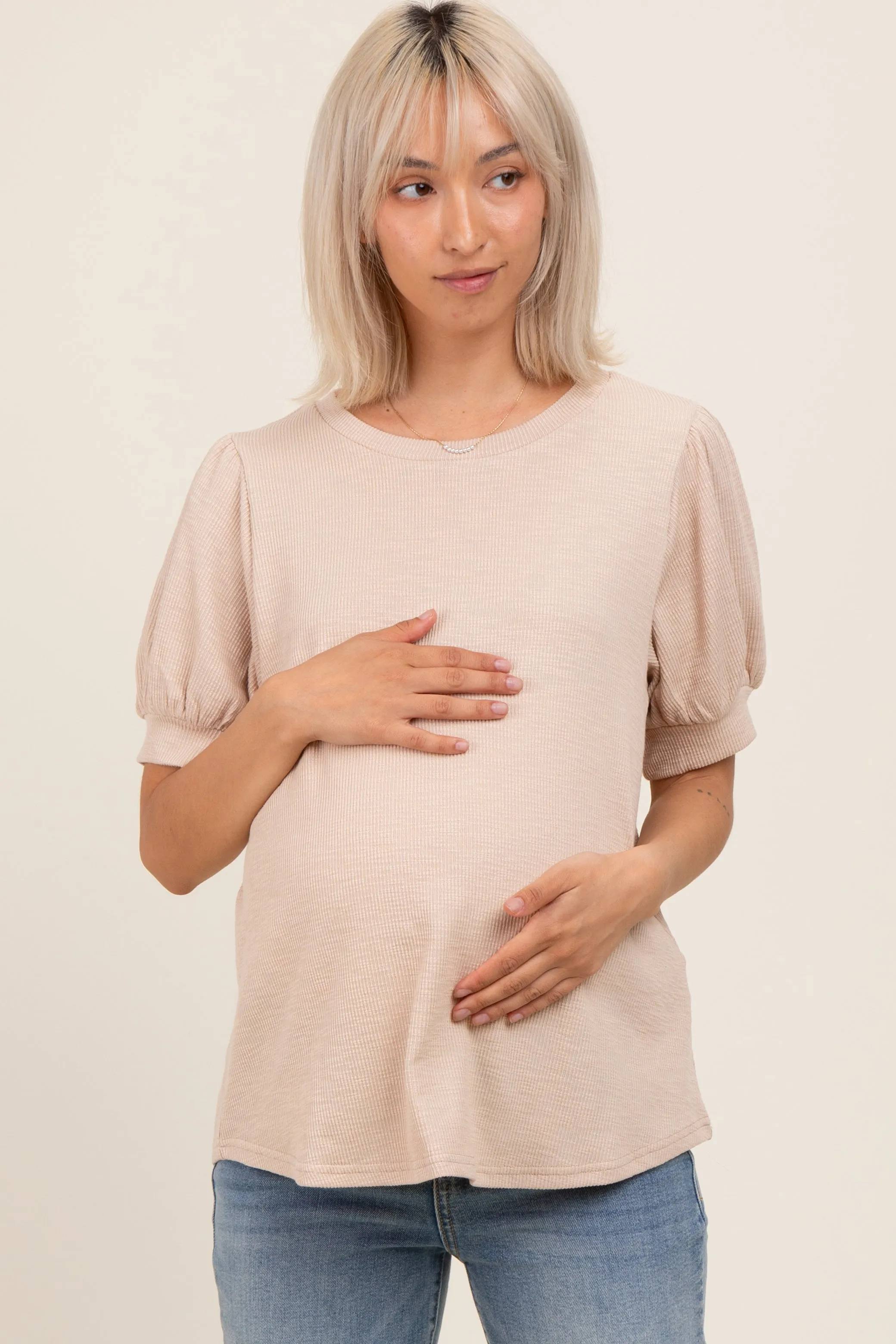 Beige Ribbed Puffed Sleeve Maternity Top sold by Pinkblush product image thumbnail 2