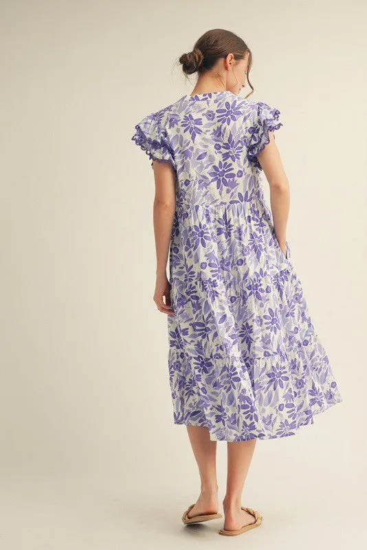 Lavender Floral Ruffle Sleeve Tiered Midi Dress sold by Pinkblush product image thumbnail 4