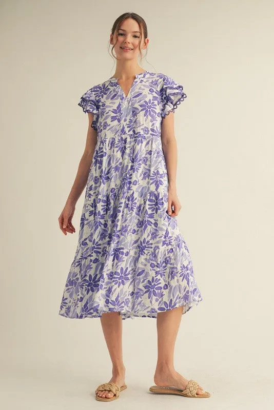Lavender Floral Ruffle Sleeve Tiered Midi Dress sold by Pinkblush