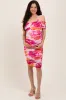 Fuchsia Floral Mesh Off Shoulder Halter Maternity Midi Dress sold by Pinkblush