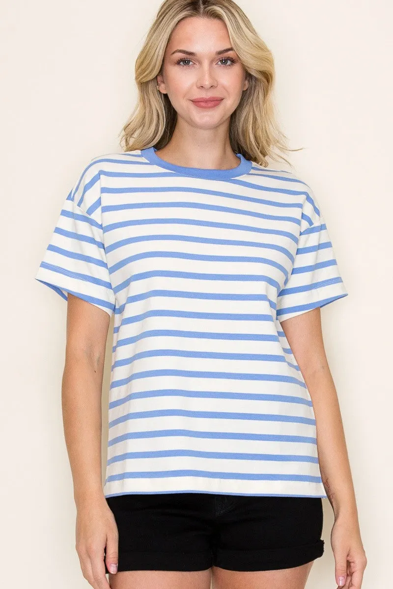 Blue Striped Terry Short Sleeve Top sold by Pinkblush
