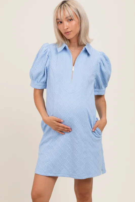 Light Blue Jacquard 1/4 Zip Maternity Mini Shirt Dress sold by Pinkblush