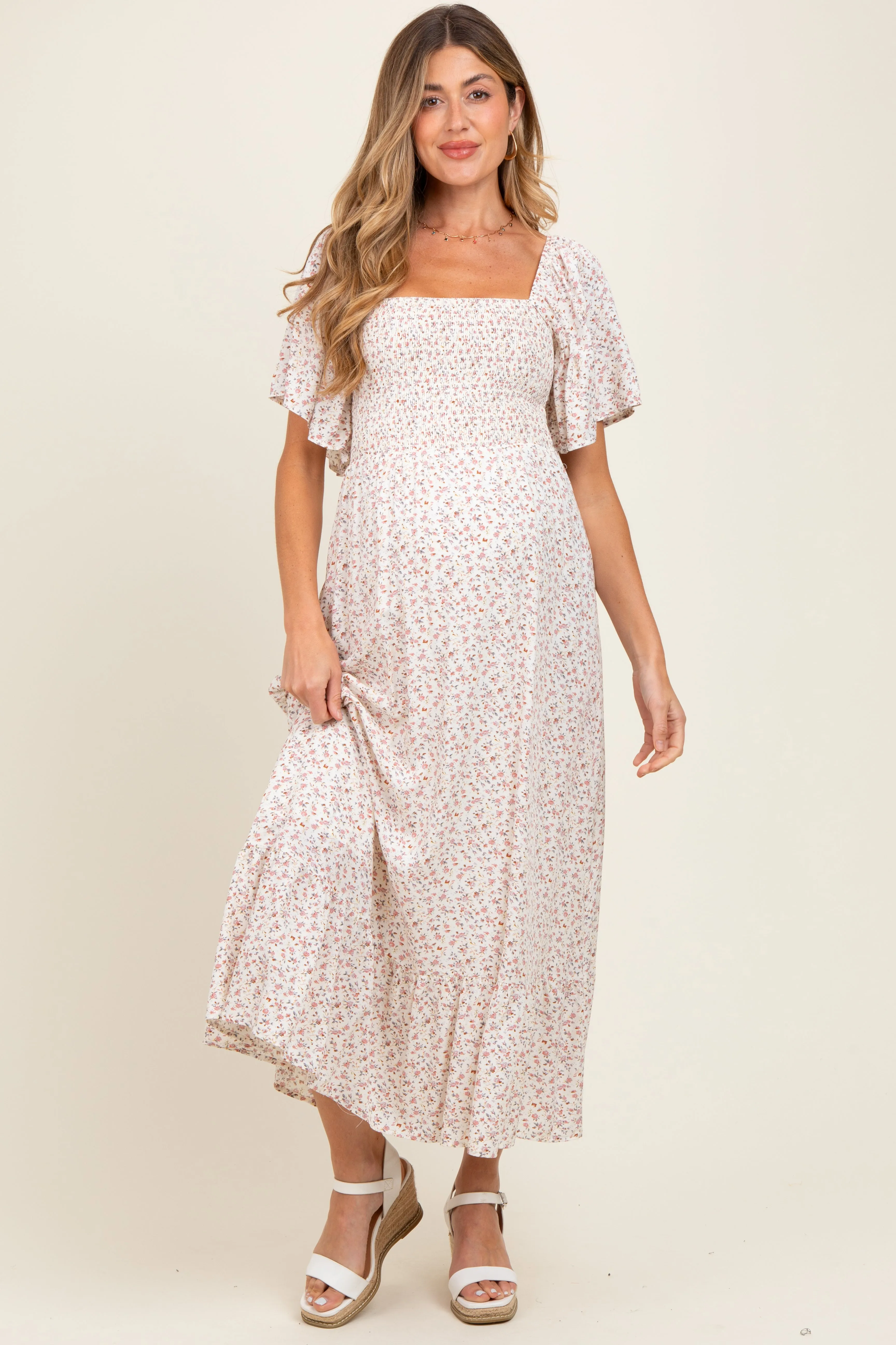 Cream Multi Ditsy Floral Smocked Maternity Midi Dress sold by Pinkblush product image thumbnail 2