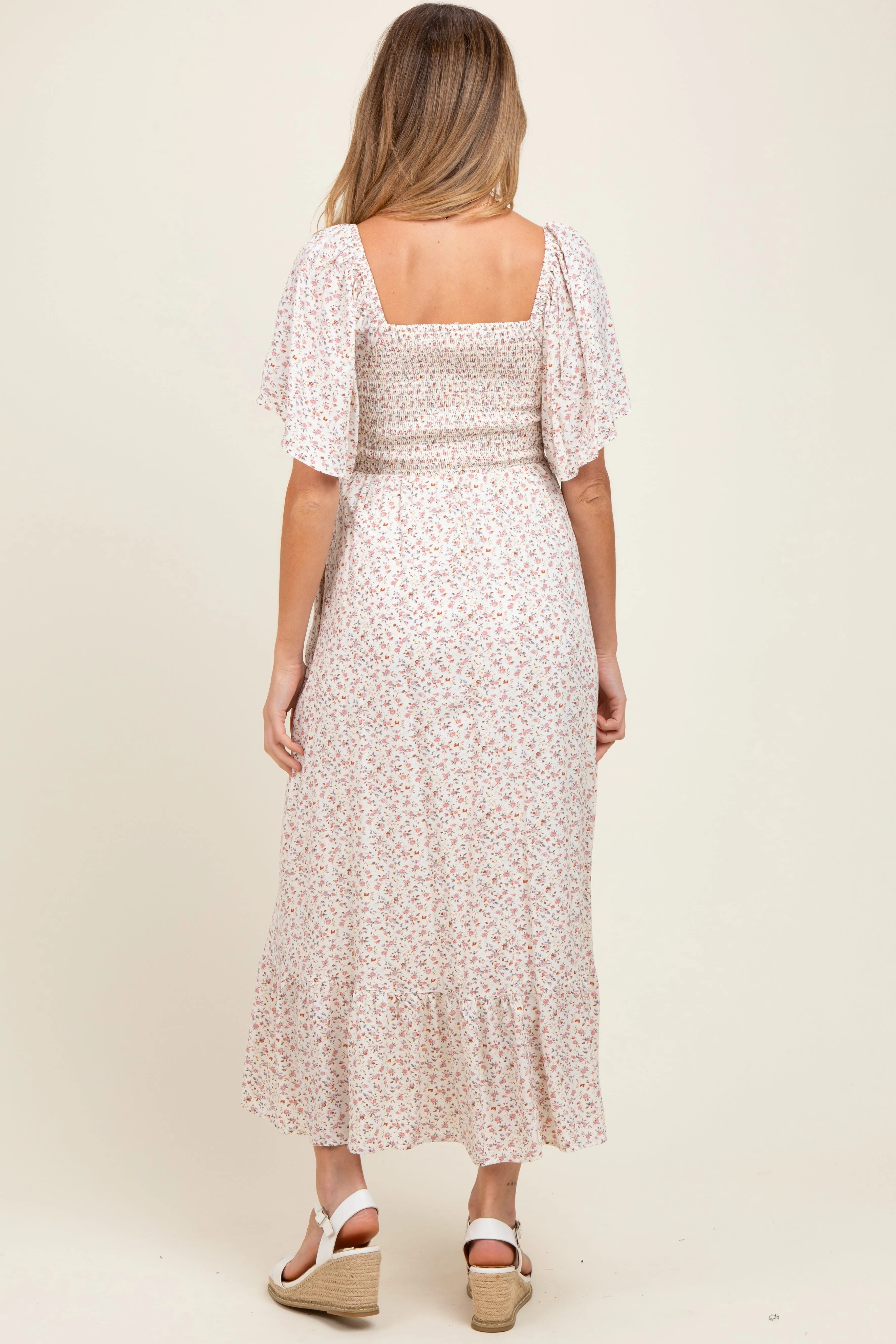 Cream Multi Ditsy Floral Smocked Maternity Midi Dress sold by Pinkblush product image thumbnail 3