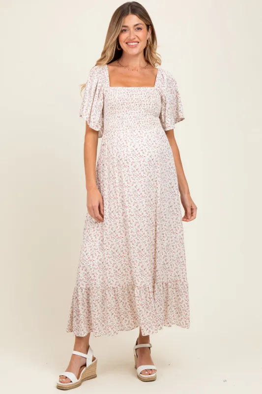 Cream Multi Ditsy Floral Smocked Maternity Midi Dress sold by Pinkblush