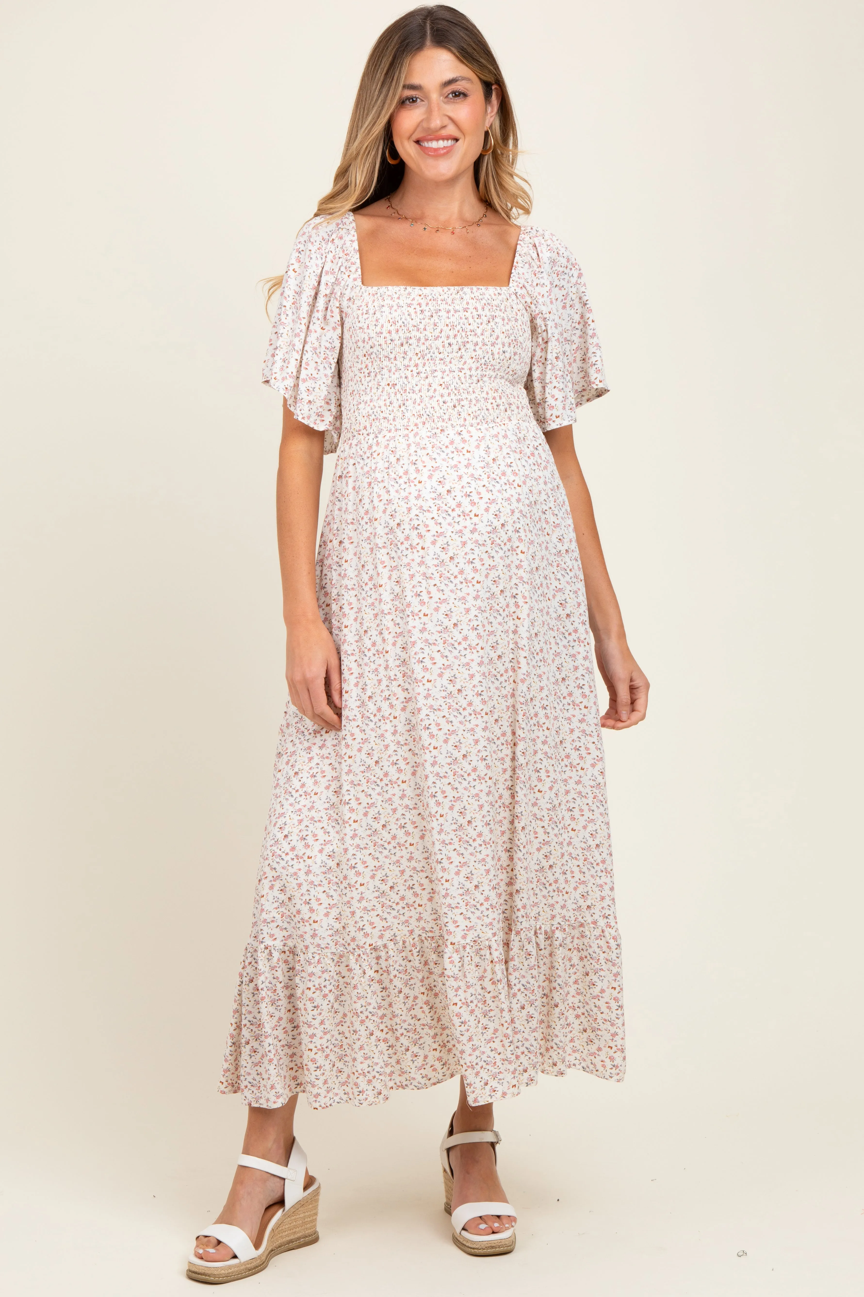 Cream Multi Ditsy Floral Smocked Maternity Midi Dress sold by Pinkblush