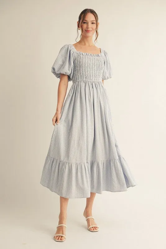 Light Blue Gingham Smocked Puff Sleeve Midi Dress sold by Pinkblush product image thumbnail 2