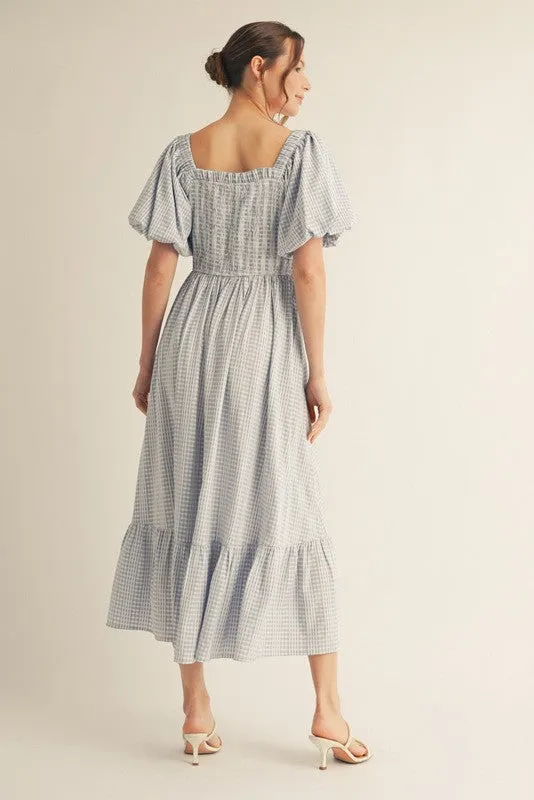 Light Blue Gingham Smocked Puff Sleeve Midi Dress sold by Pinkblush product image thumbnail 3