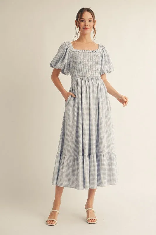 Light Blue Gingham Smocked Puff Sleeve Midi Dress sold by Pinkblush