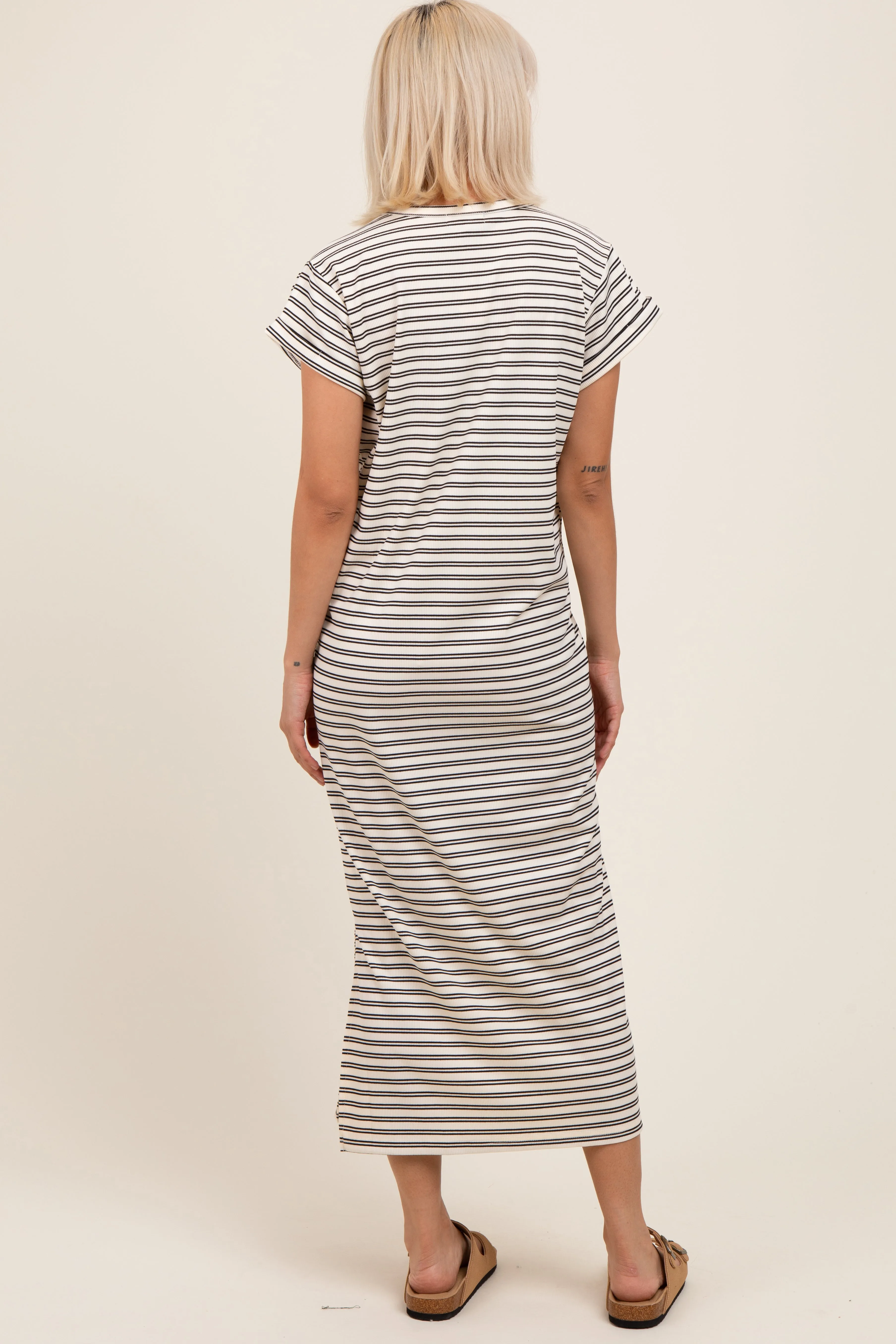 Black Striped Maternity Midi T-Shirt Dress sold by Pinkblush product image thumbnail 3