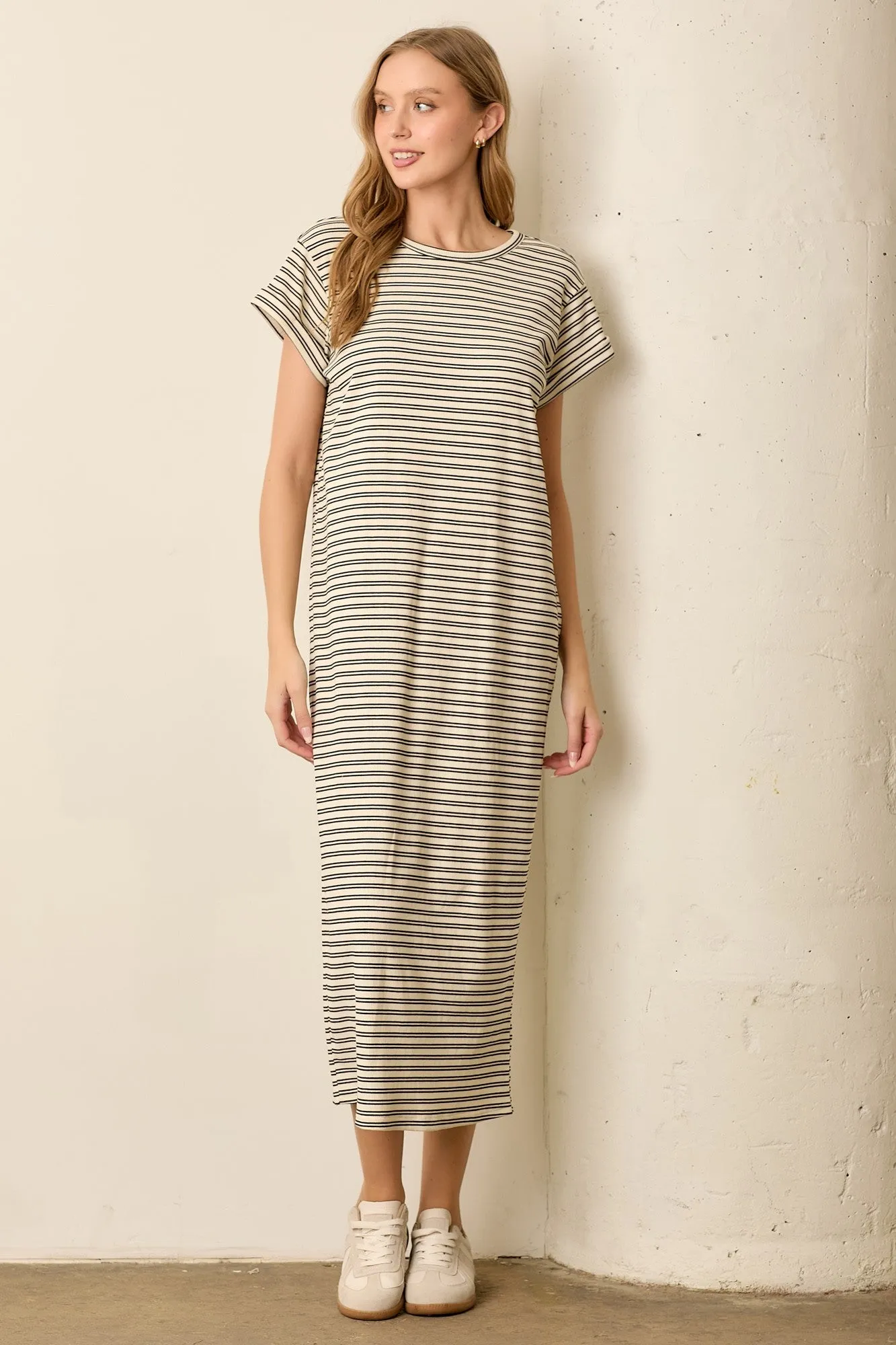 Black Striped Maternity Midi T-Shirt Dress sold by Pinkblush product image thumbnail 4