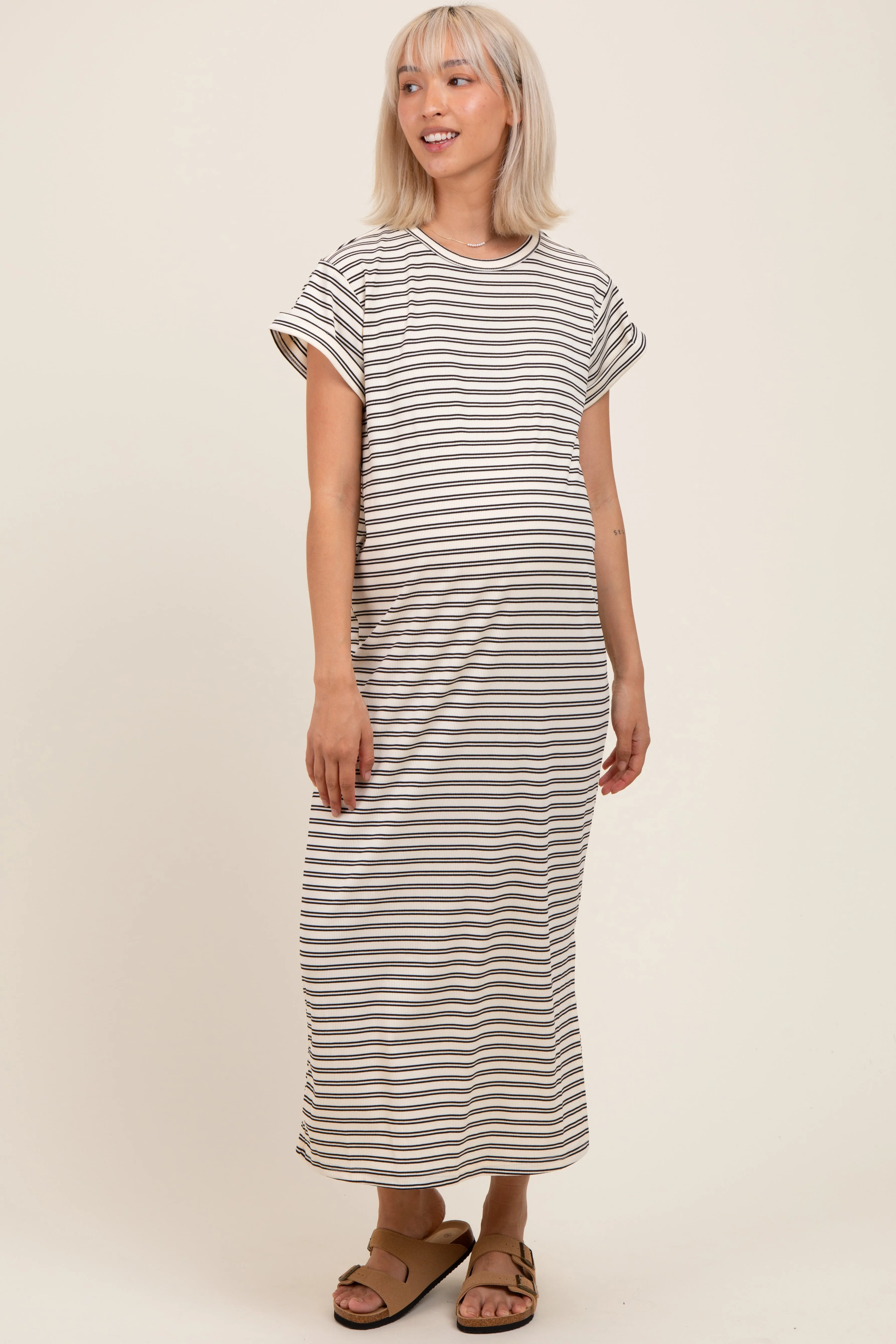 Black Striped Maternity Midi T-Shirt Dress sold by Pinkblush