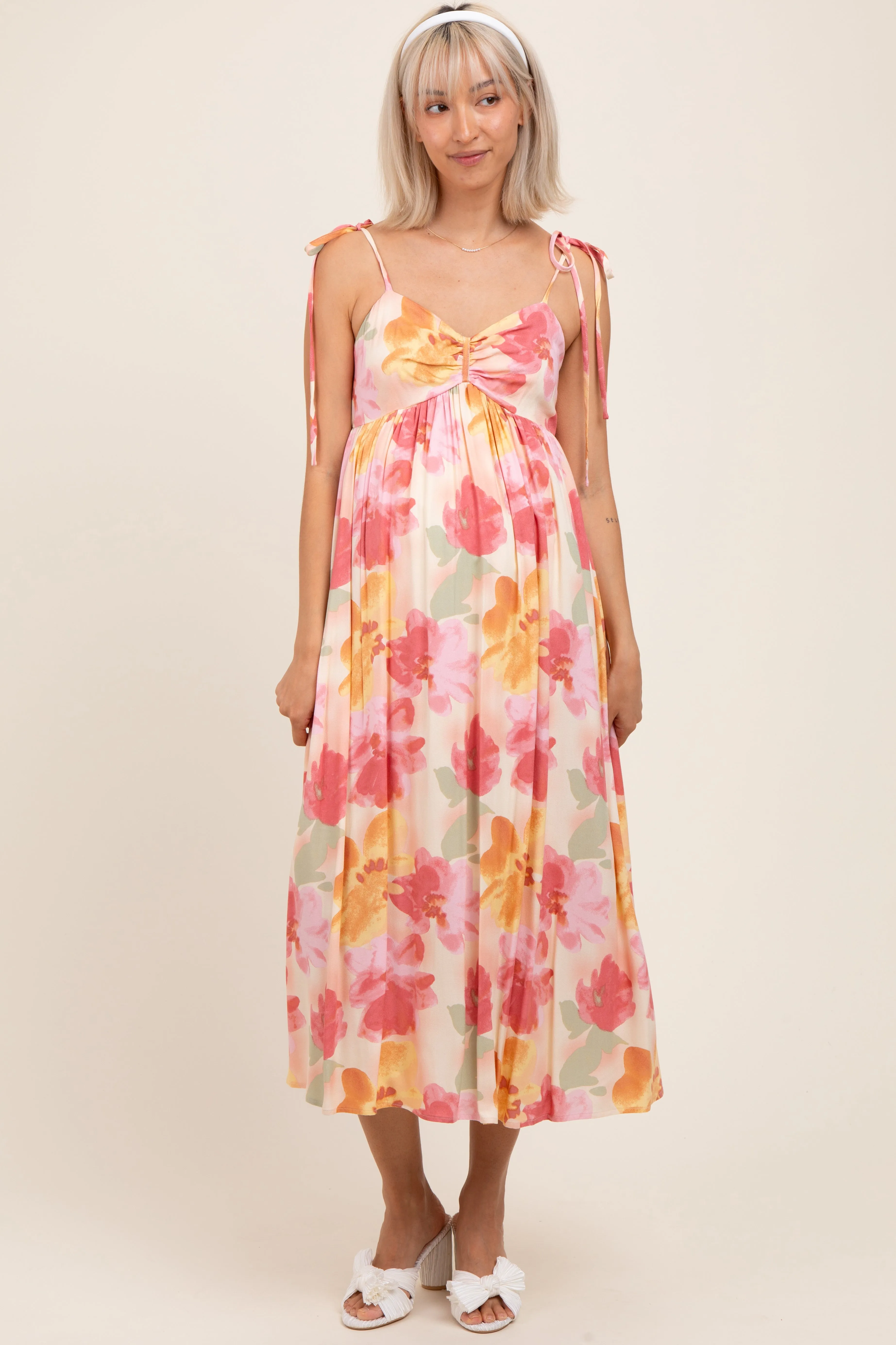 Coral Multi Floral Print Ruched Shoulder Tie Maternity Midi Dress sold by Pinkblush product image thumbnail 2