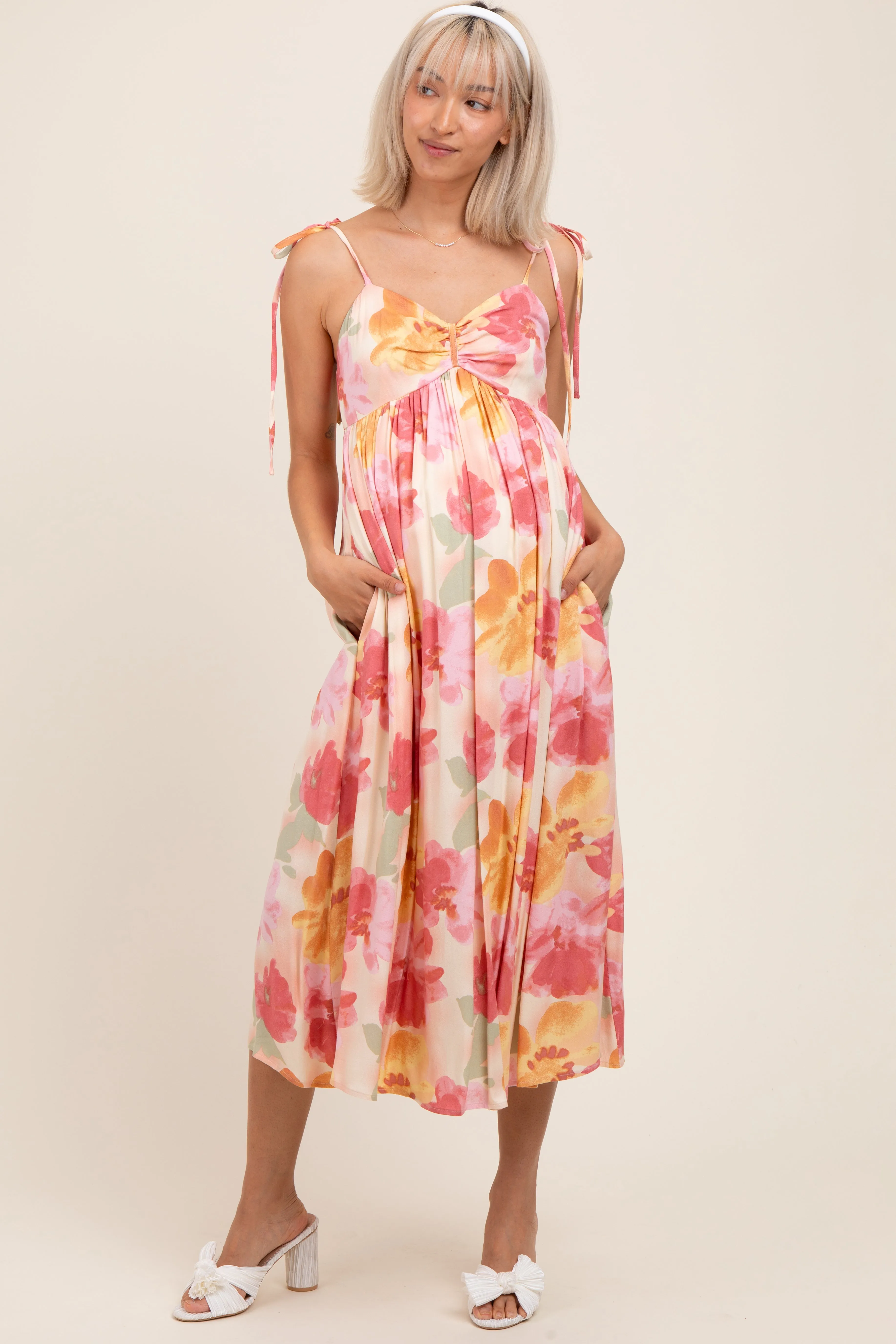 Coral Multi Floral Print Ruched Shoulder Tie Maternity Midi Dress sold by Pinkblush product image thumbnail 3