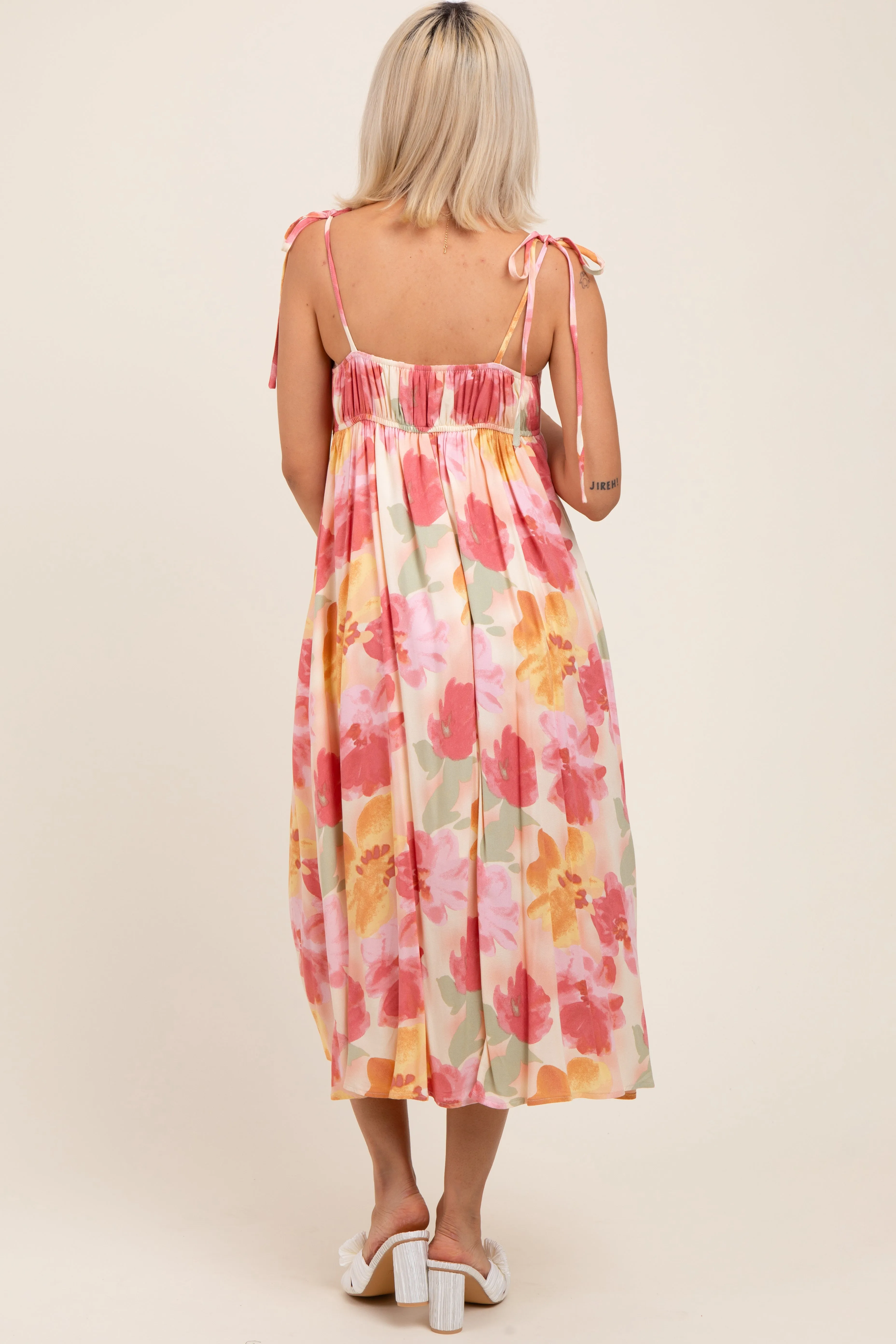 Coral Multi Floral Print Ruched Shoulder Tie Maternity Midi Dress sold by Pinkblush product image thumbnail 4