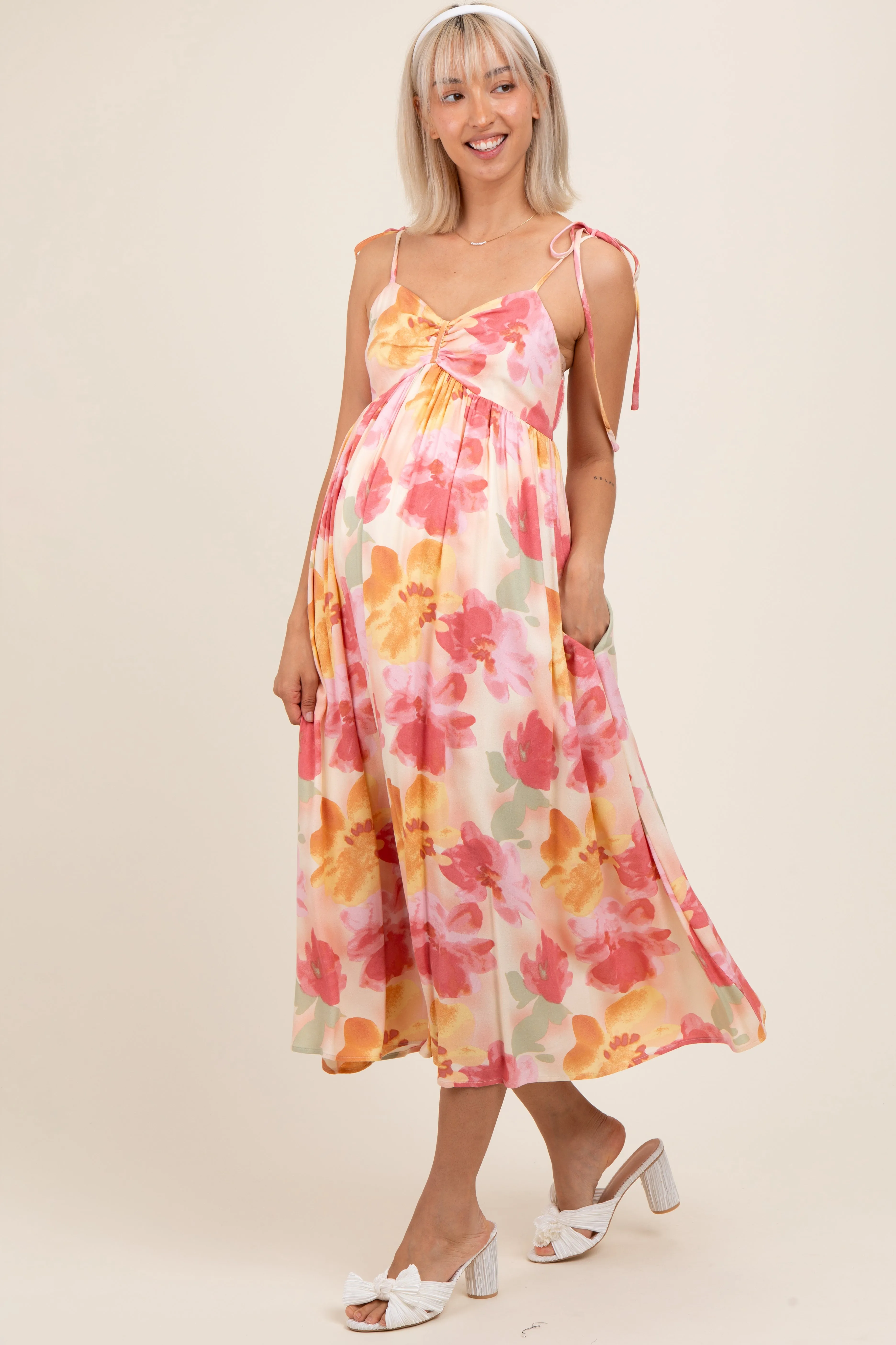 Coral Multi Floral Print Ruched Shoulder Tie Maternity Midi Dress sold by Pinkblush