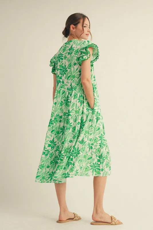 Green Floral Ruffle Sleeve Tiered Midi Dress sold by Pinkblush product image thumbnail 2
