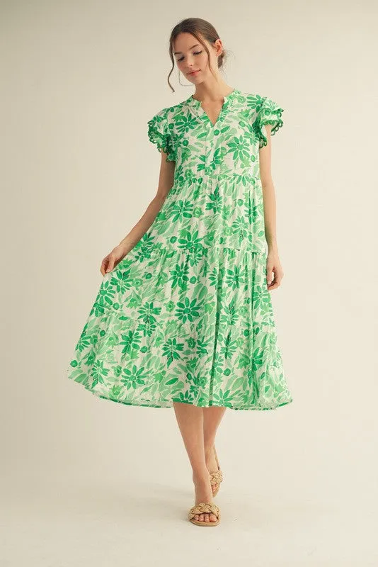 Green Floral Ruffle Sleeve Tiered Midi Dress sold by Pinkblush
