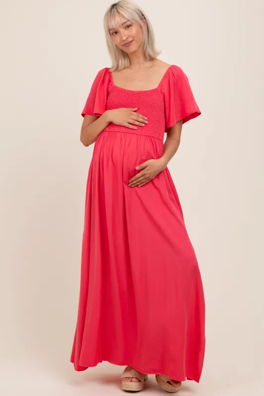 Coral Chambray Smocked Maternity Maxi Dress sold by Pinkblush